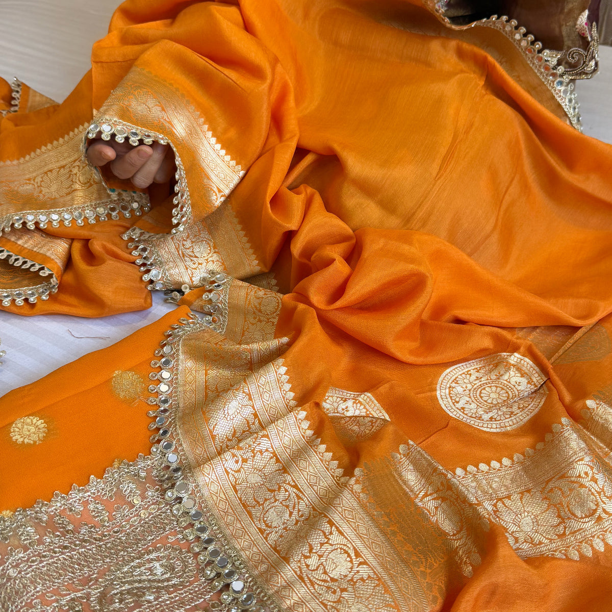 Banarasi mango shade gorgette kadhwa mirror work gotapatti suit set –  Safetyypins