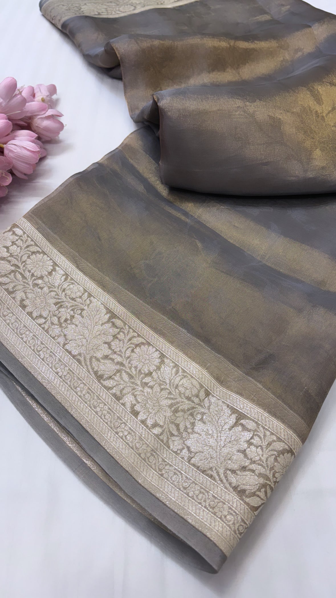 Pure Banarasi Mouse Grey Tissue Silk Kadhwa Tanchoi Meenedar Handwoven ...