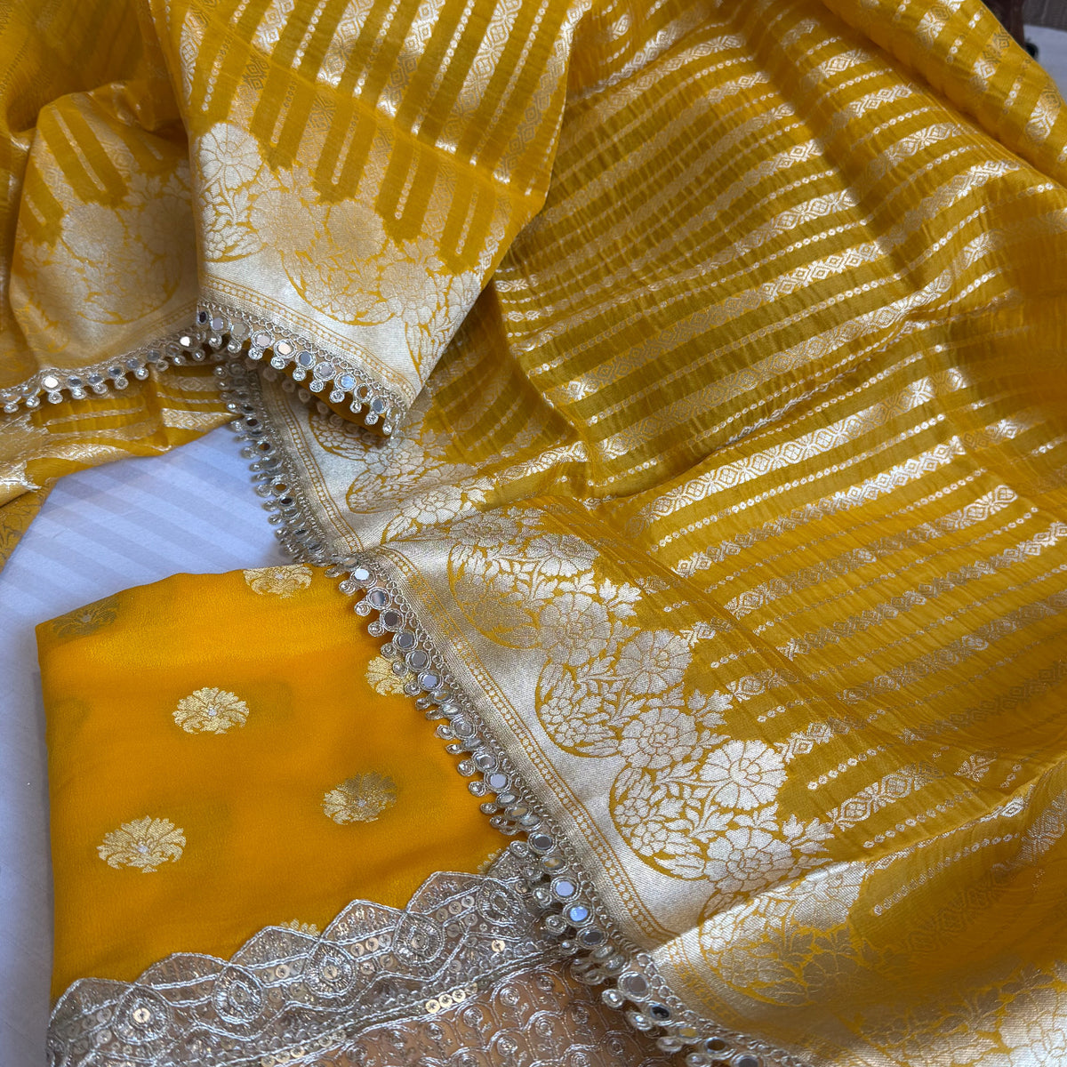Banarasi haldi yellow gorgette mirror work gotapatti kadhwa suit set –  Safetyypins