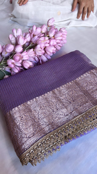 Pure banarasi violet crushed tissue silk handwoven saree