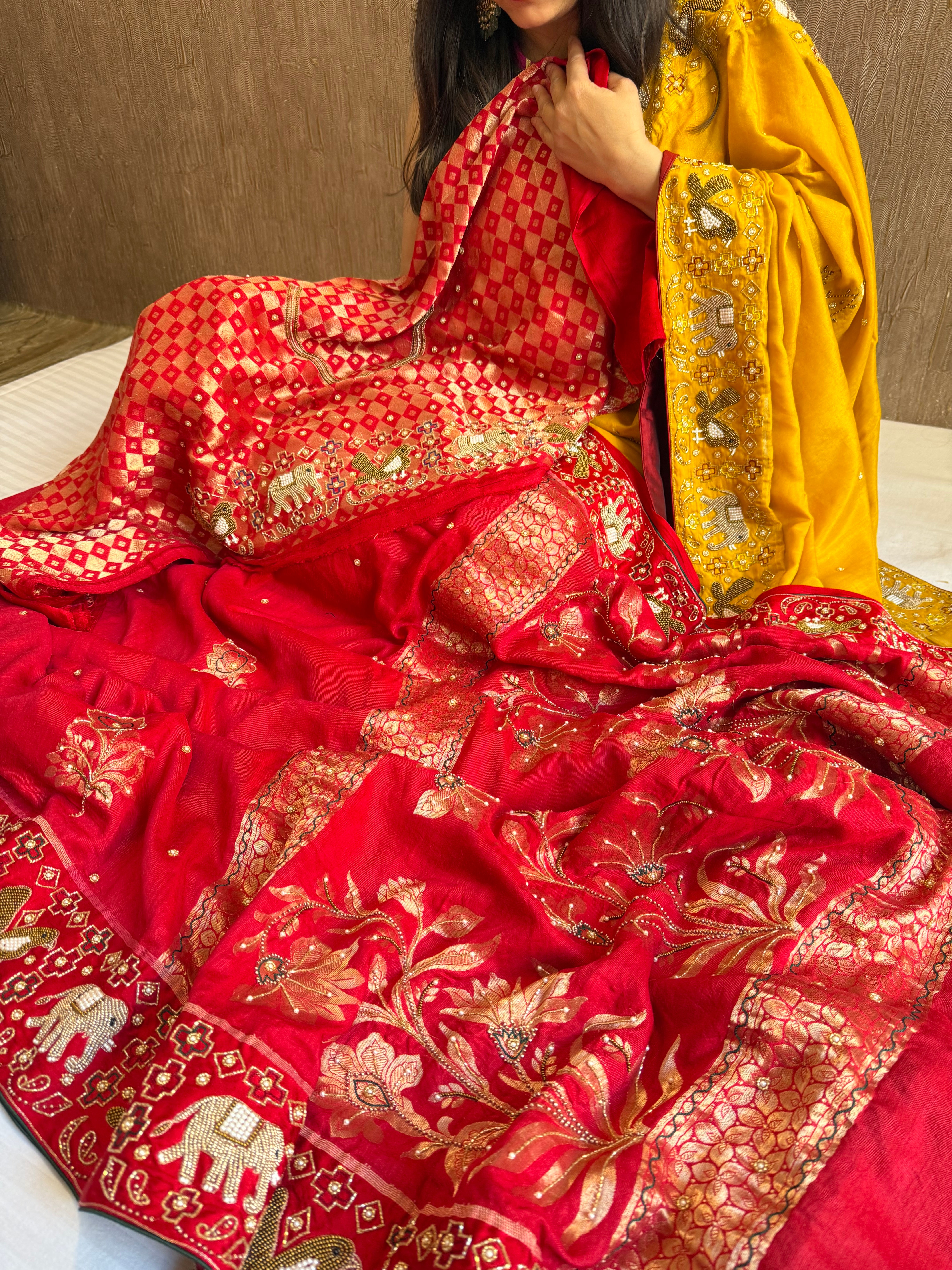 Moonga silk ikkat Patola weaving inspired hand embroidered kadhwa weaving saree