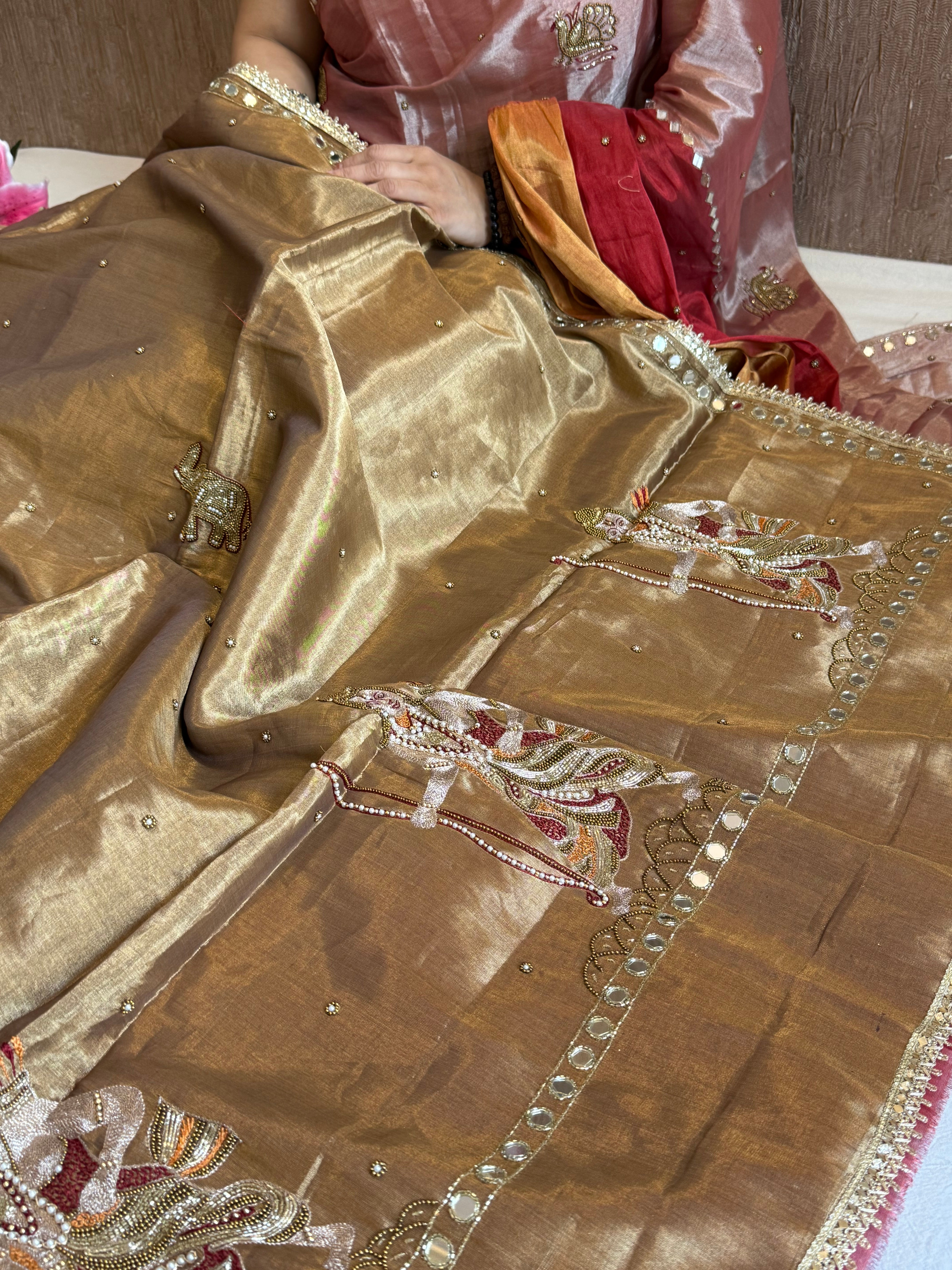 Satin tissue silk antique gold banarasi hand embroidered kadhwa saree