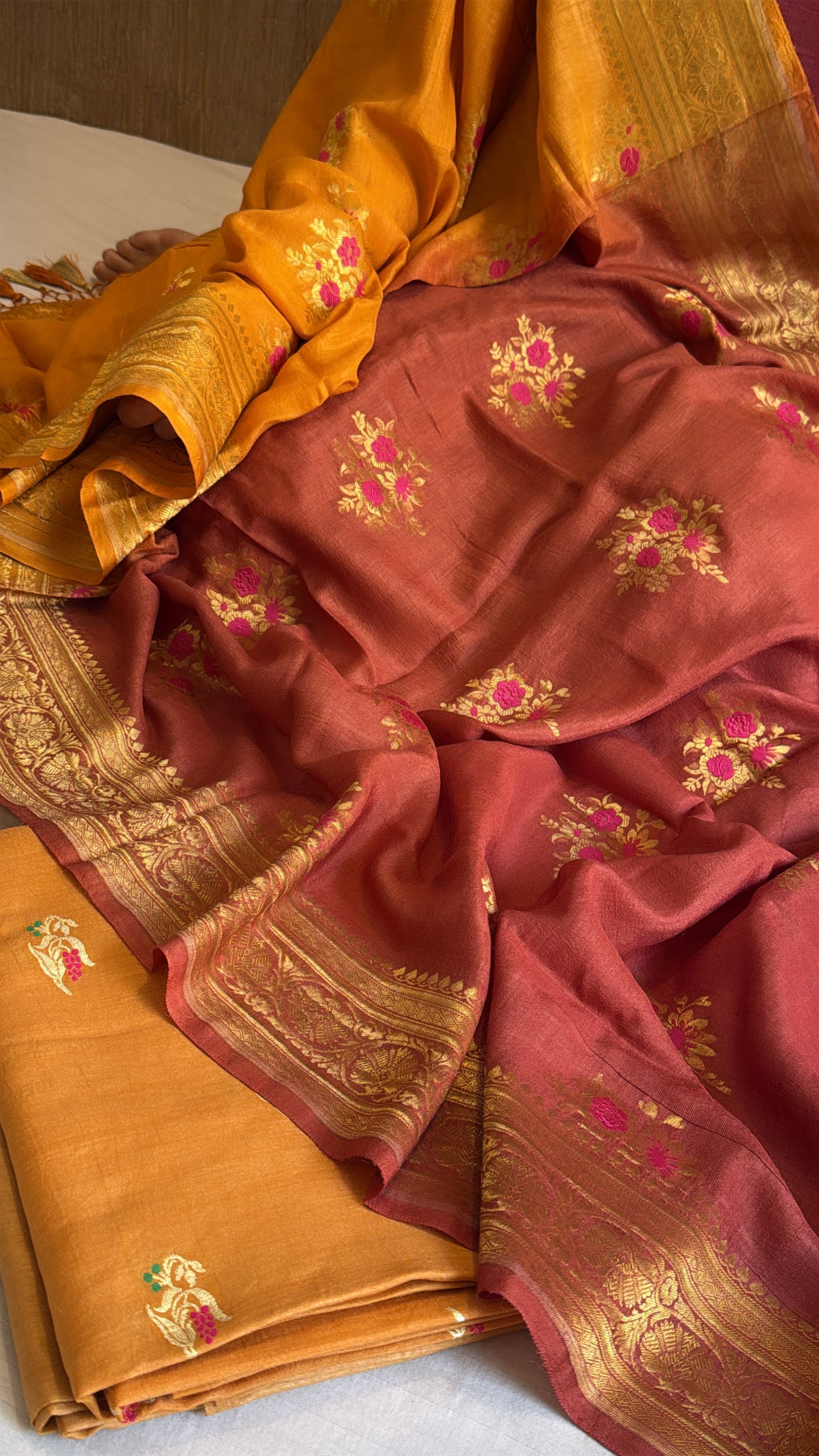 Rust orange ombre shaded moonga silk meenakari kadhwa suit set