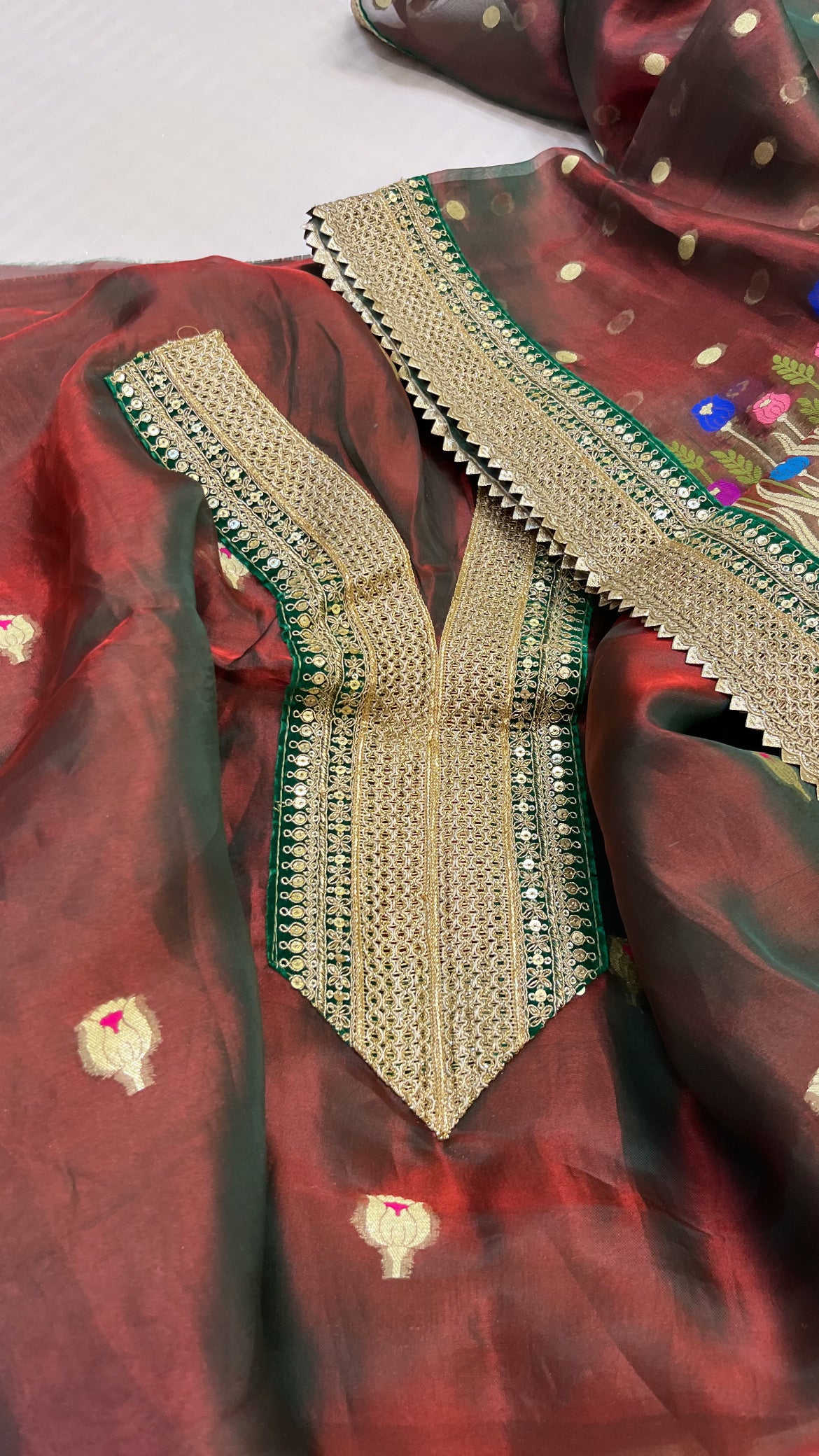 Heermandi maroonish-green tissue silk meenakari suit set