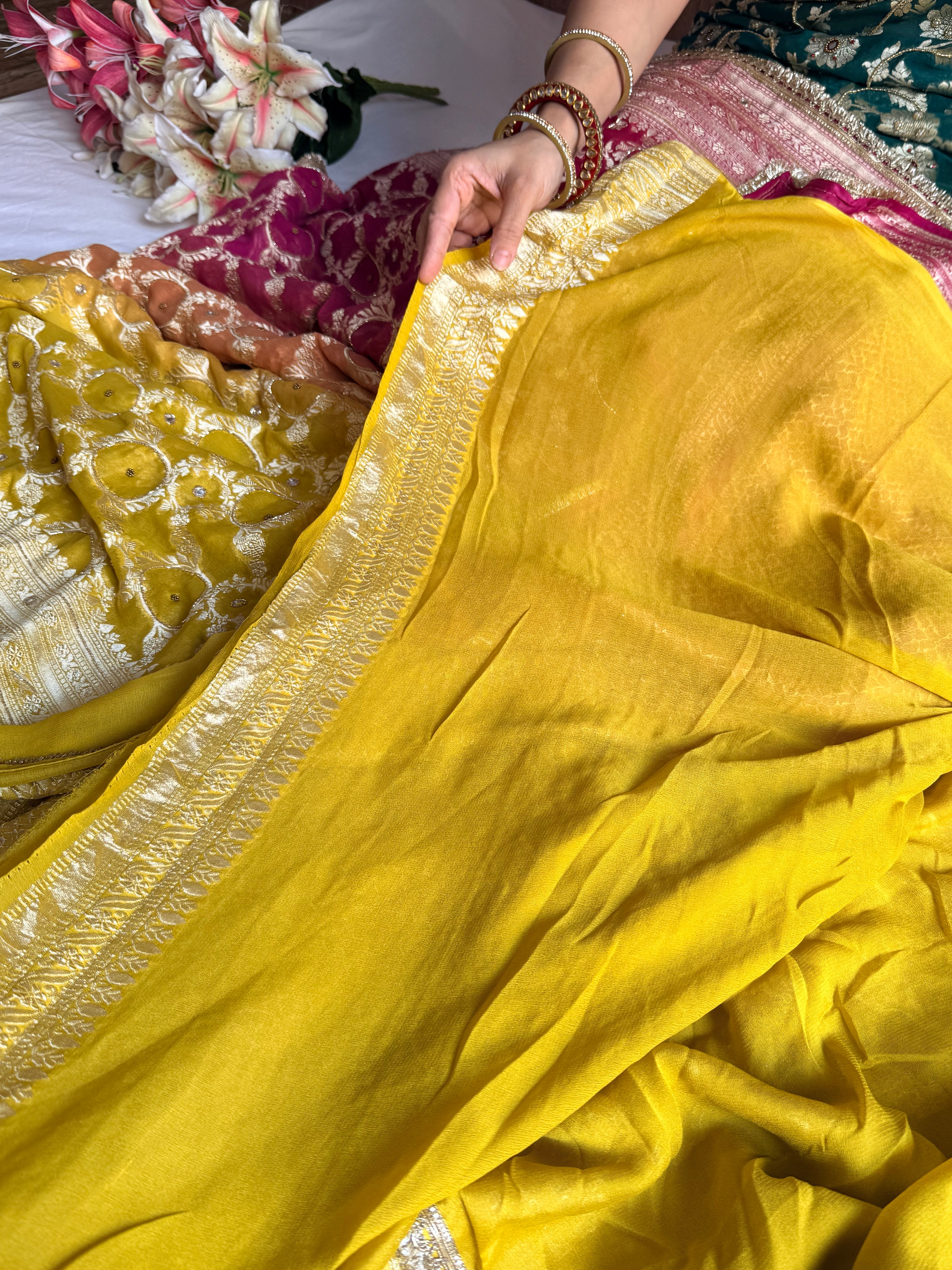 Banarasi chiffon gorgette kadhwa weaving hand embroidered saree
