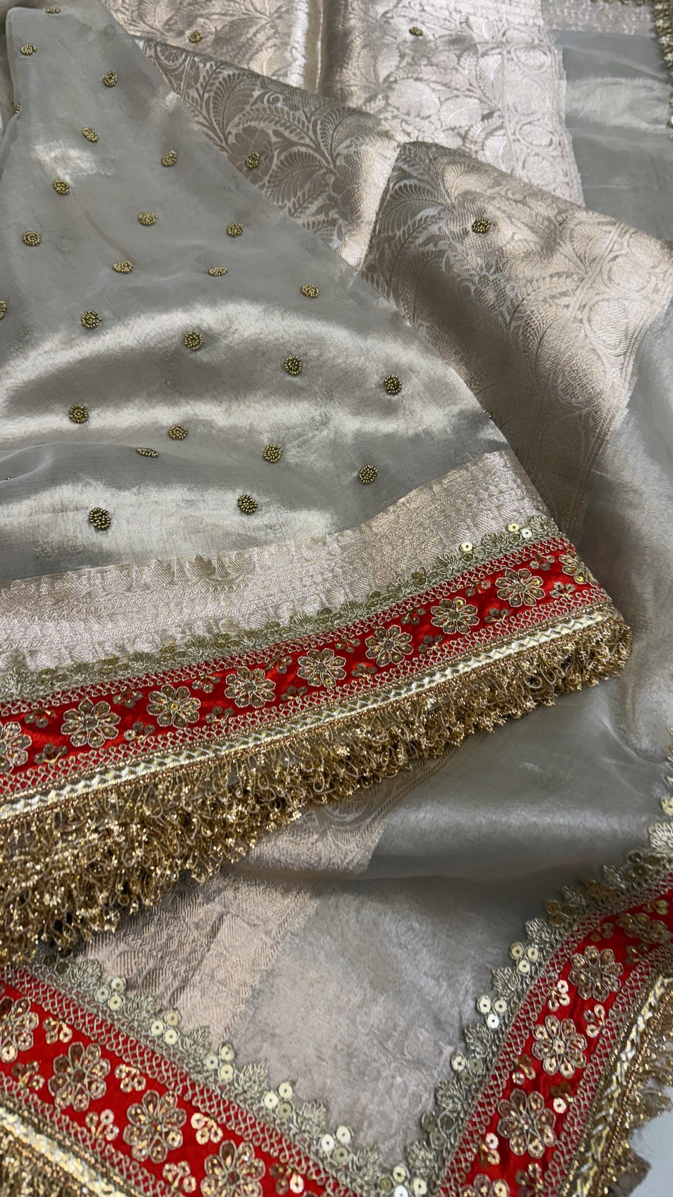 Diamond tissue silk chunri buti hand embroidered panetar saree