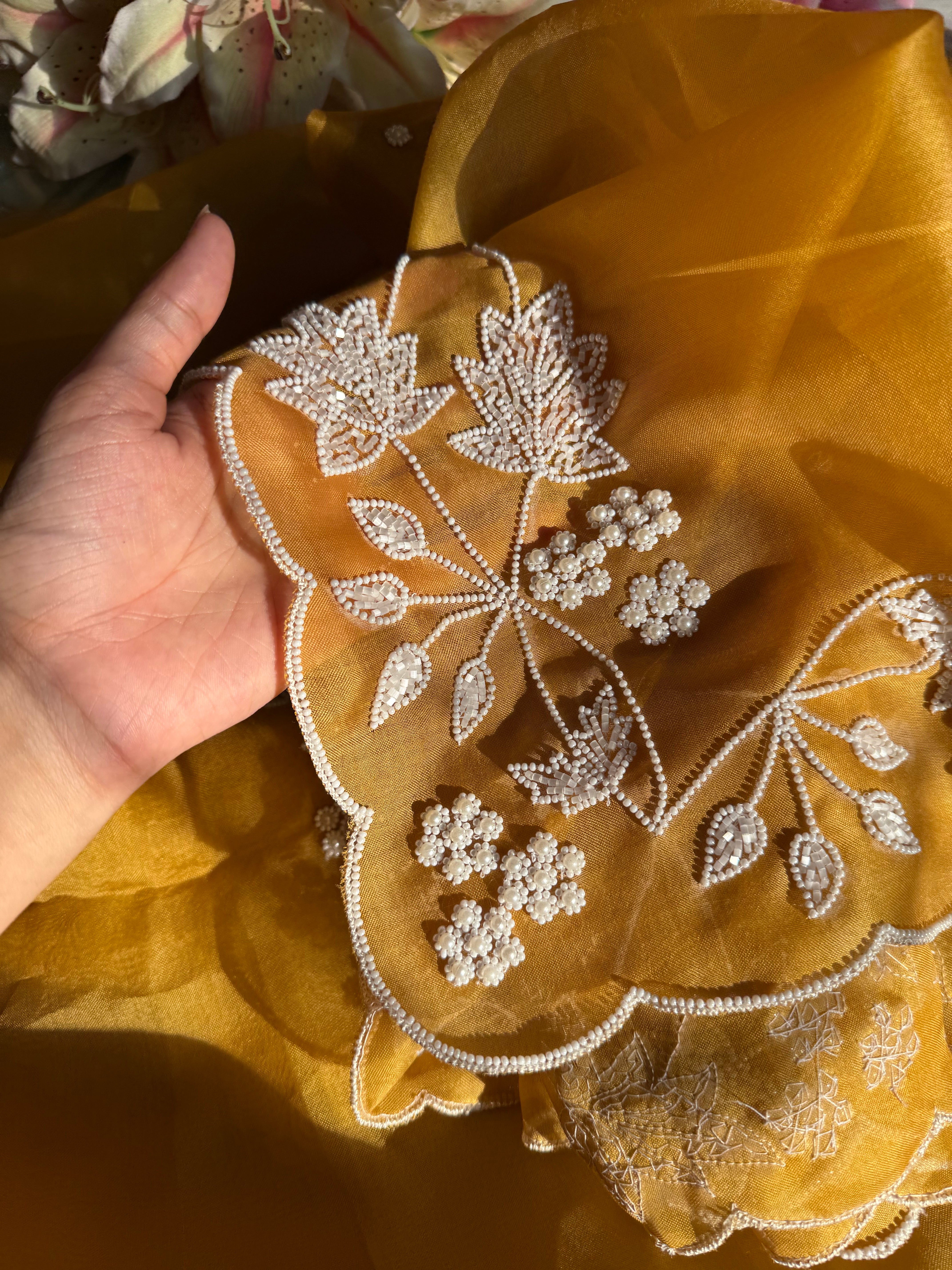 Mustard pearl work heavy hand embroidered kora silk suit set