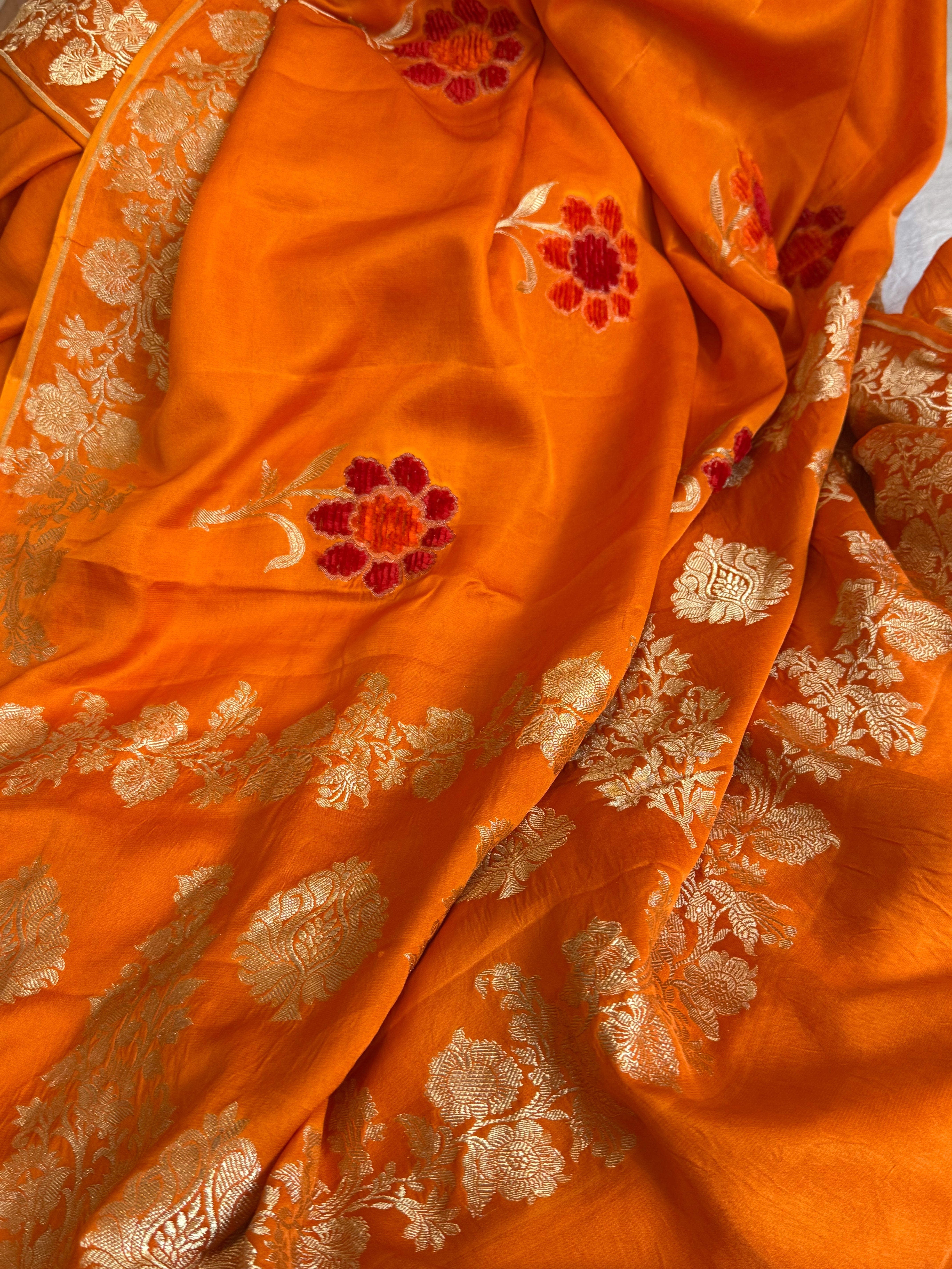Banarasi fanta orange mashru silk heavy weaving saree with velvet hand embroidered weaving