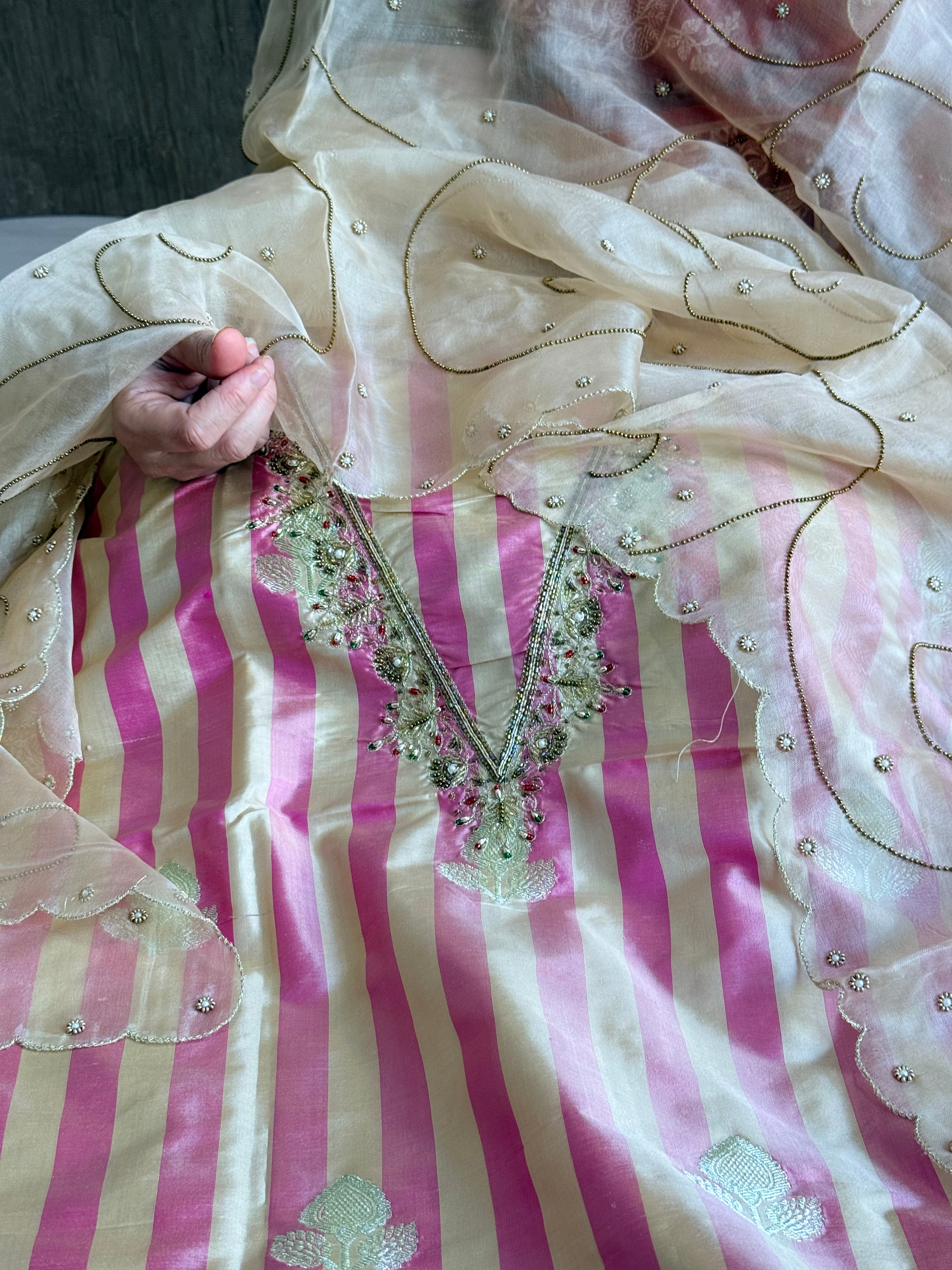 Katan silk kadhwa striped hand embroidered dhup chao effect suit set