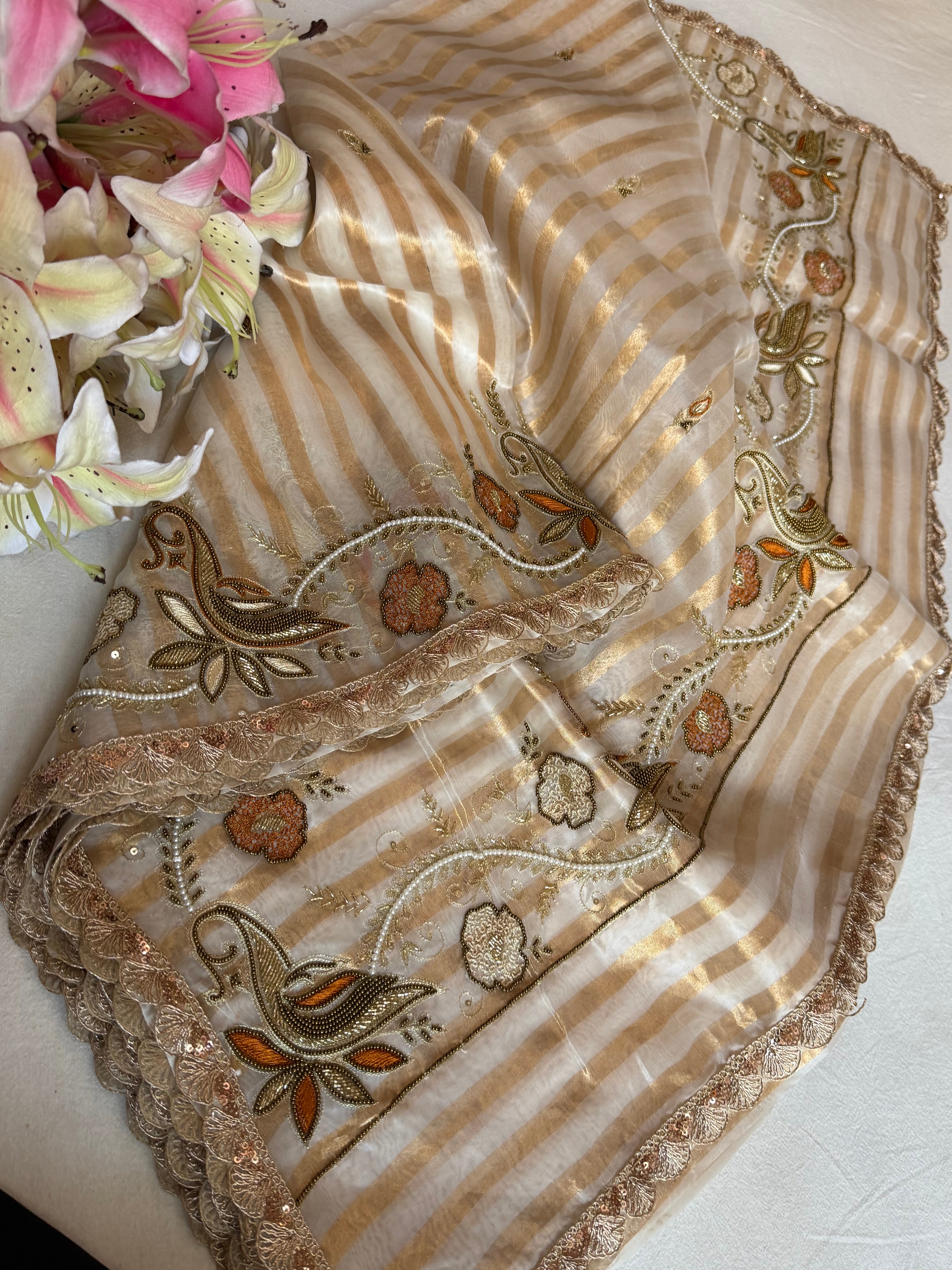 90s bollywood inspired Banarasi diamond tissue zari striped shikargah border meenakari tissue saree