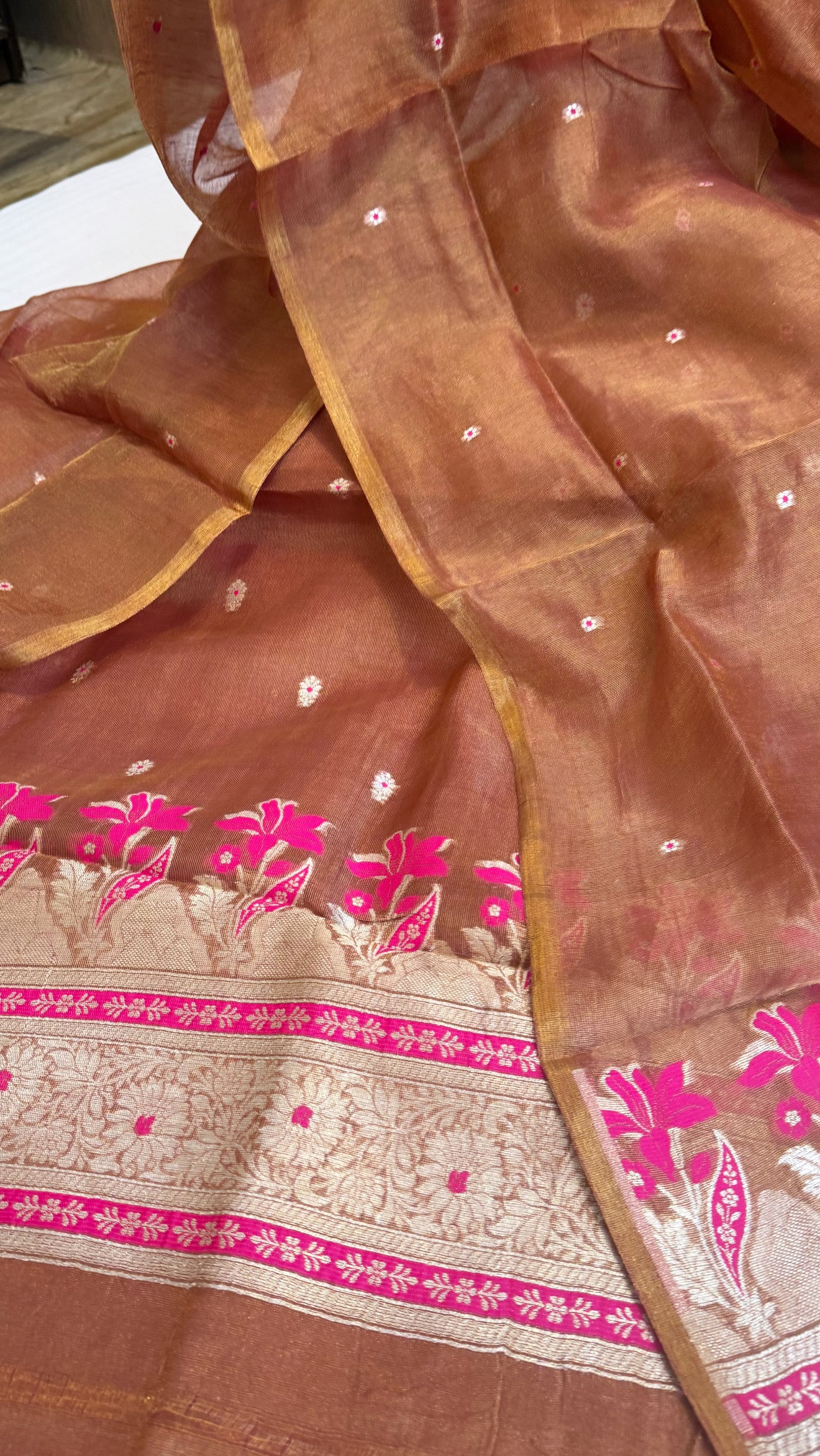 Linen tissue rust orange kadhwa meenakari suit sets