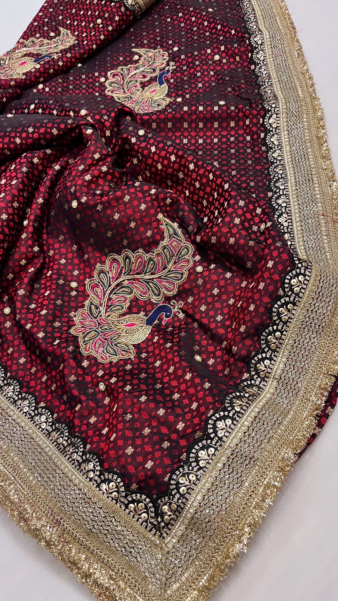 Husn maroon mashru tanchoi silk hand embroidered kadhwa saree