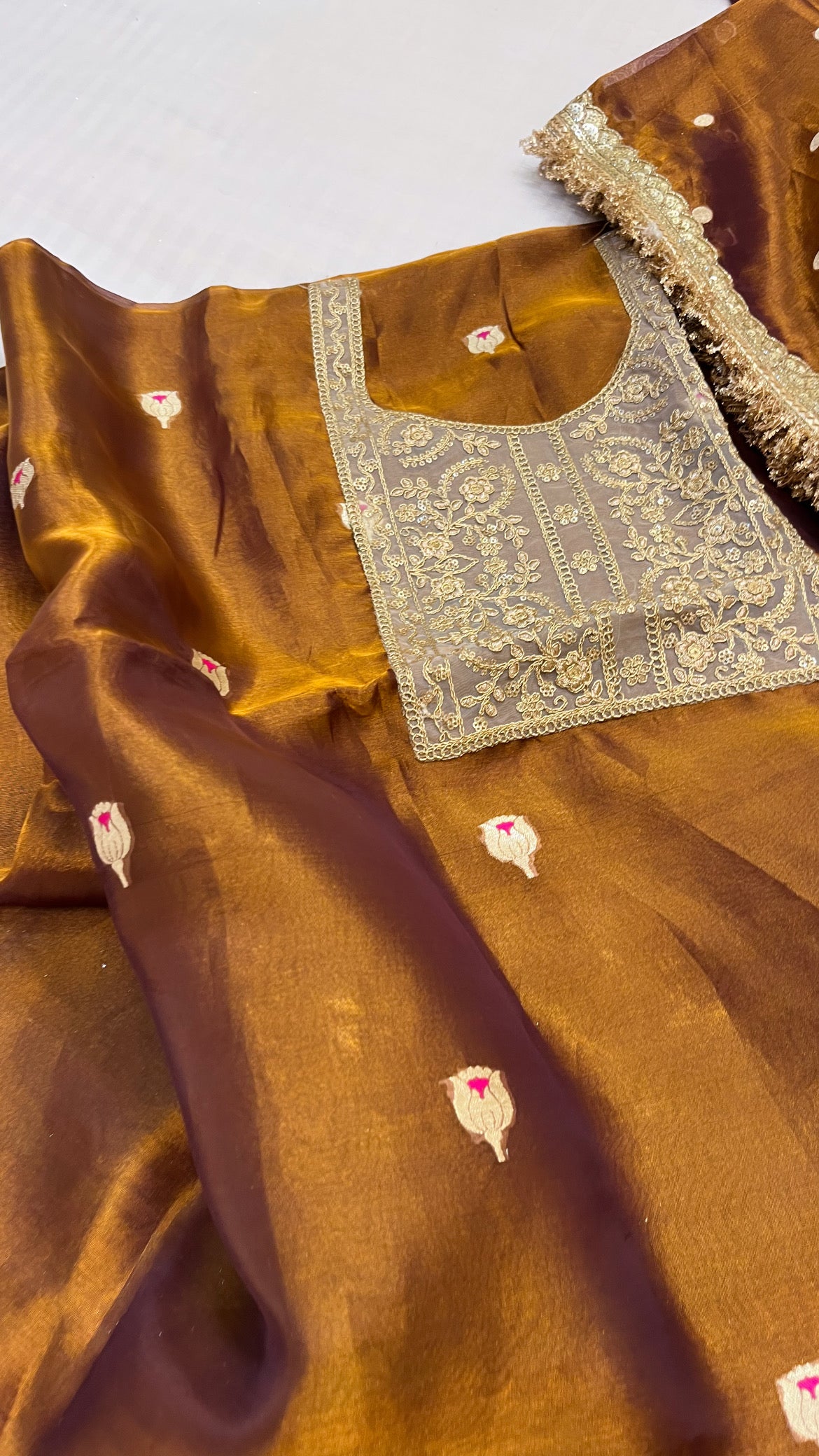 Heeramandi molten gold tissue silk meenakari suit set