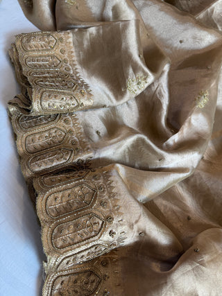 Husn soft golden tissue silk heavy hand embroidered saree
