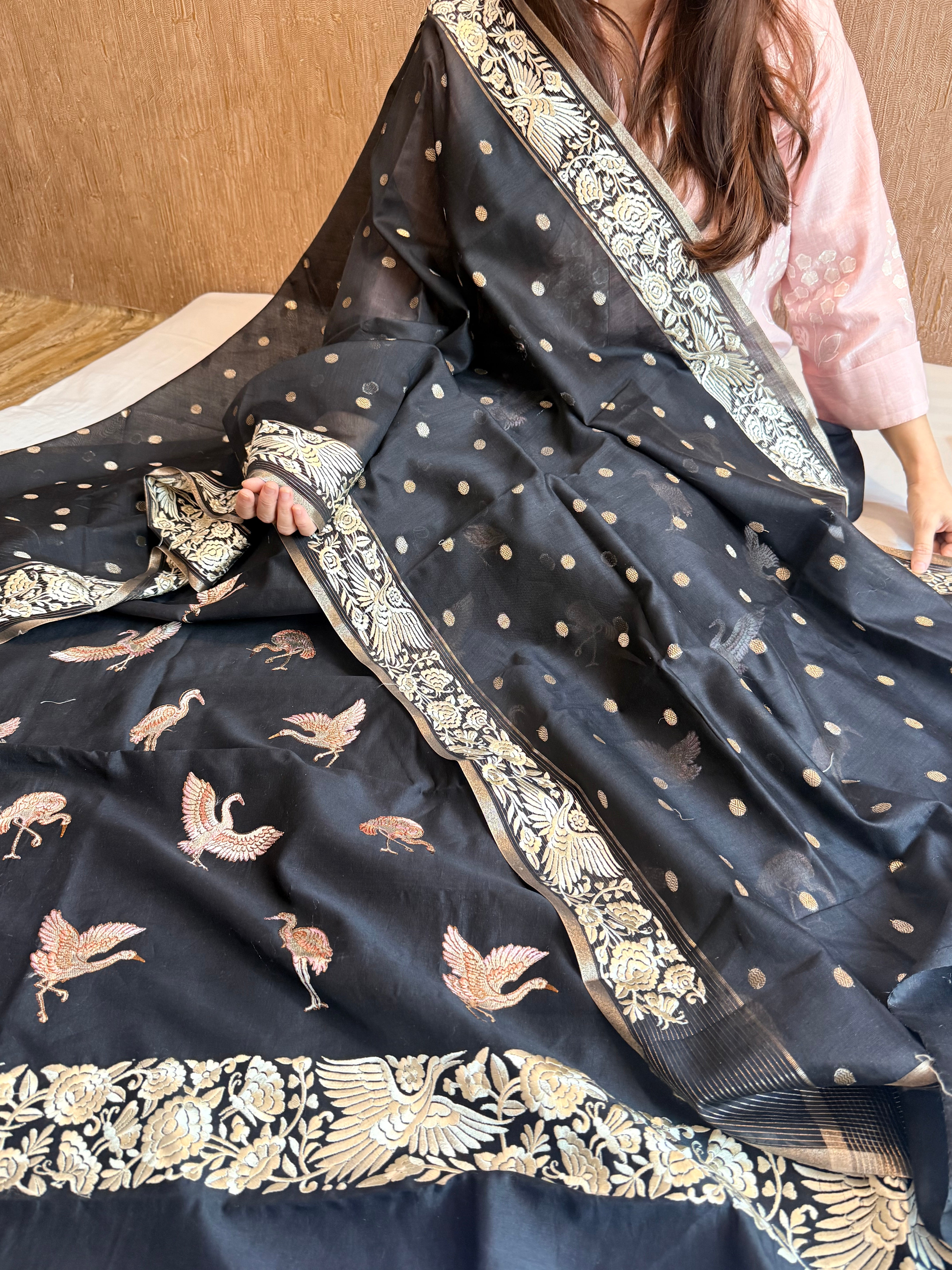 Mul chanderi cotton silk flamingo motif parsigara hand embroidery suit set