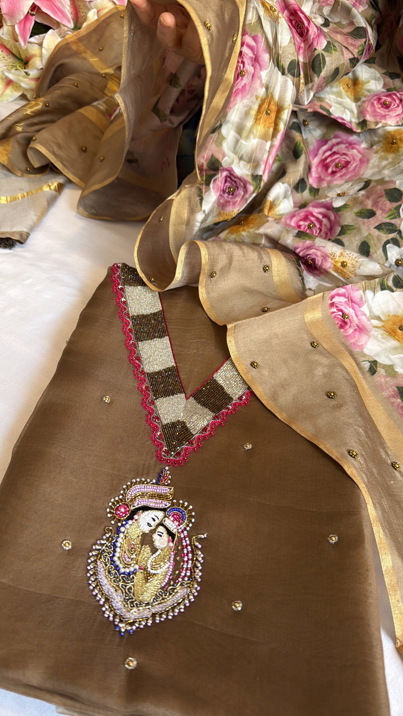 Kora silk rasleela neckline hand embroidered kurta paired with printed duppata set