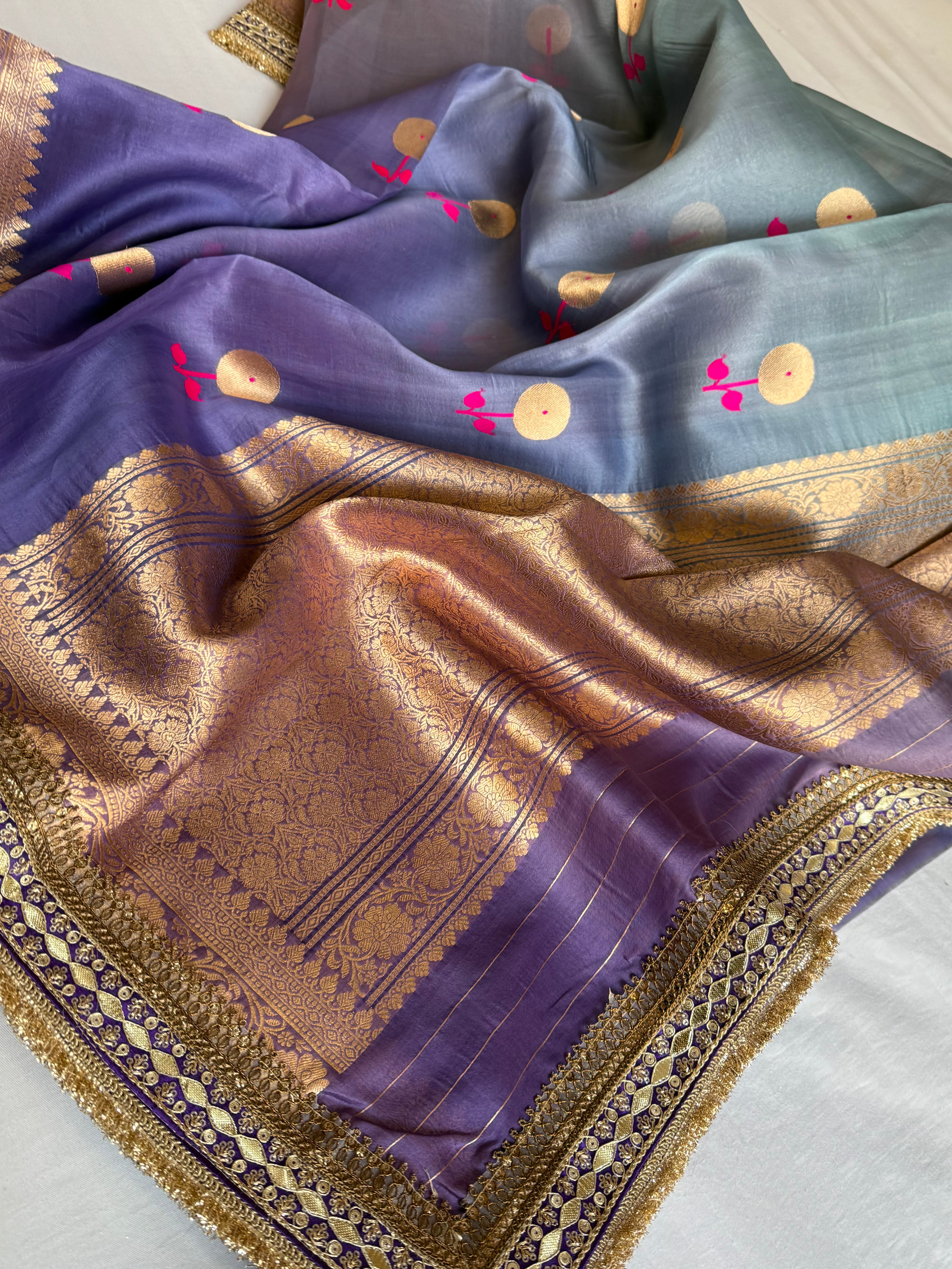 Rang-birangi banarasi kora silk multicoloured shaded kadhwa saree