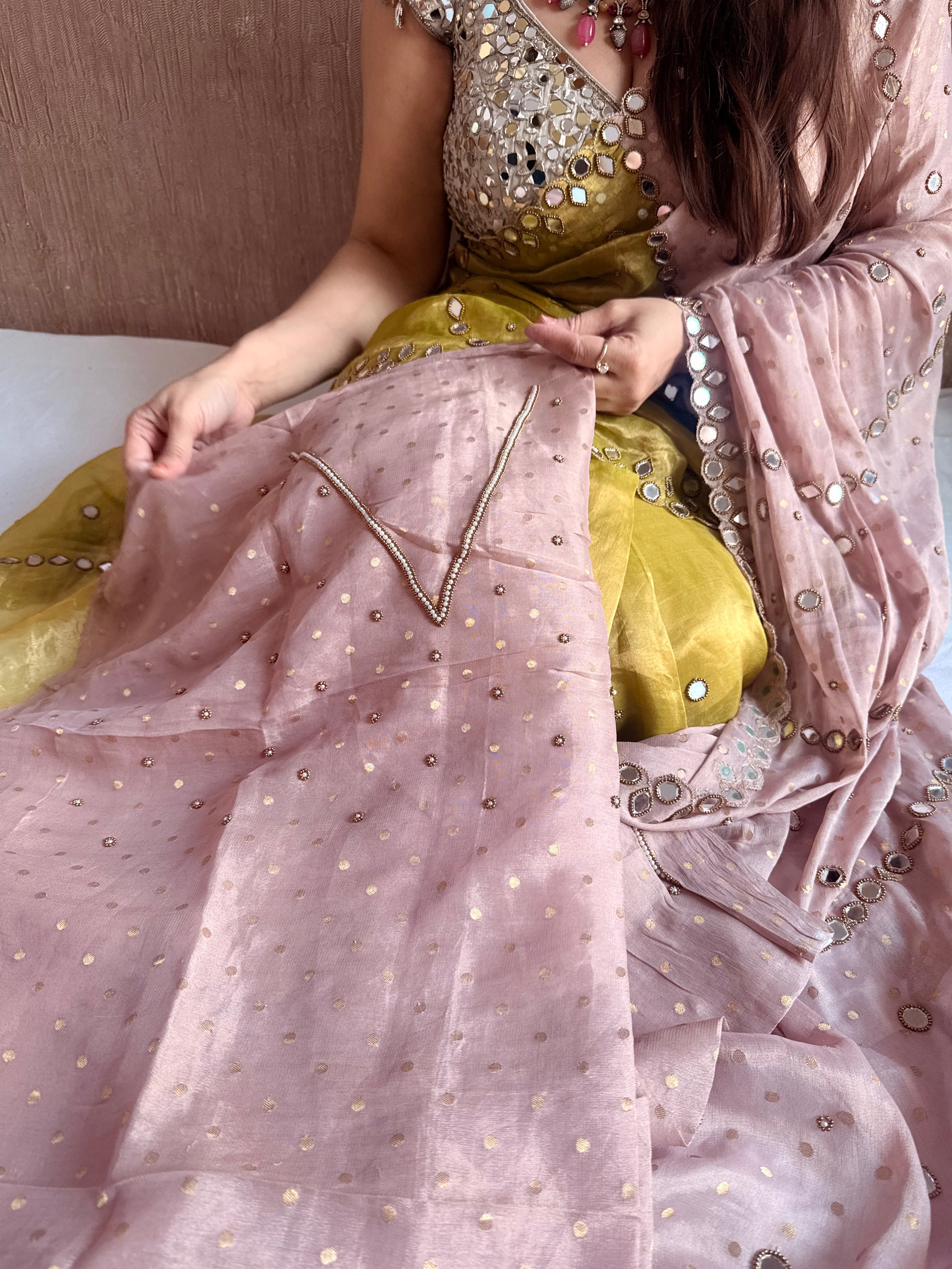 Tyohaar edit - Chiffon tissue gorgette mirrorwork half-half kafhwa buti saree