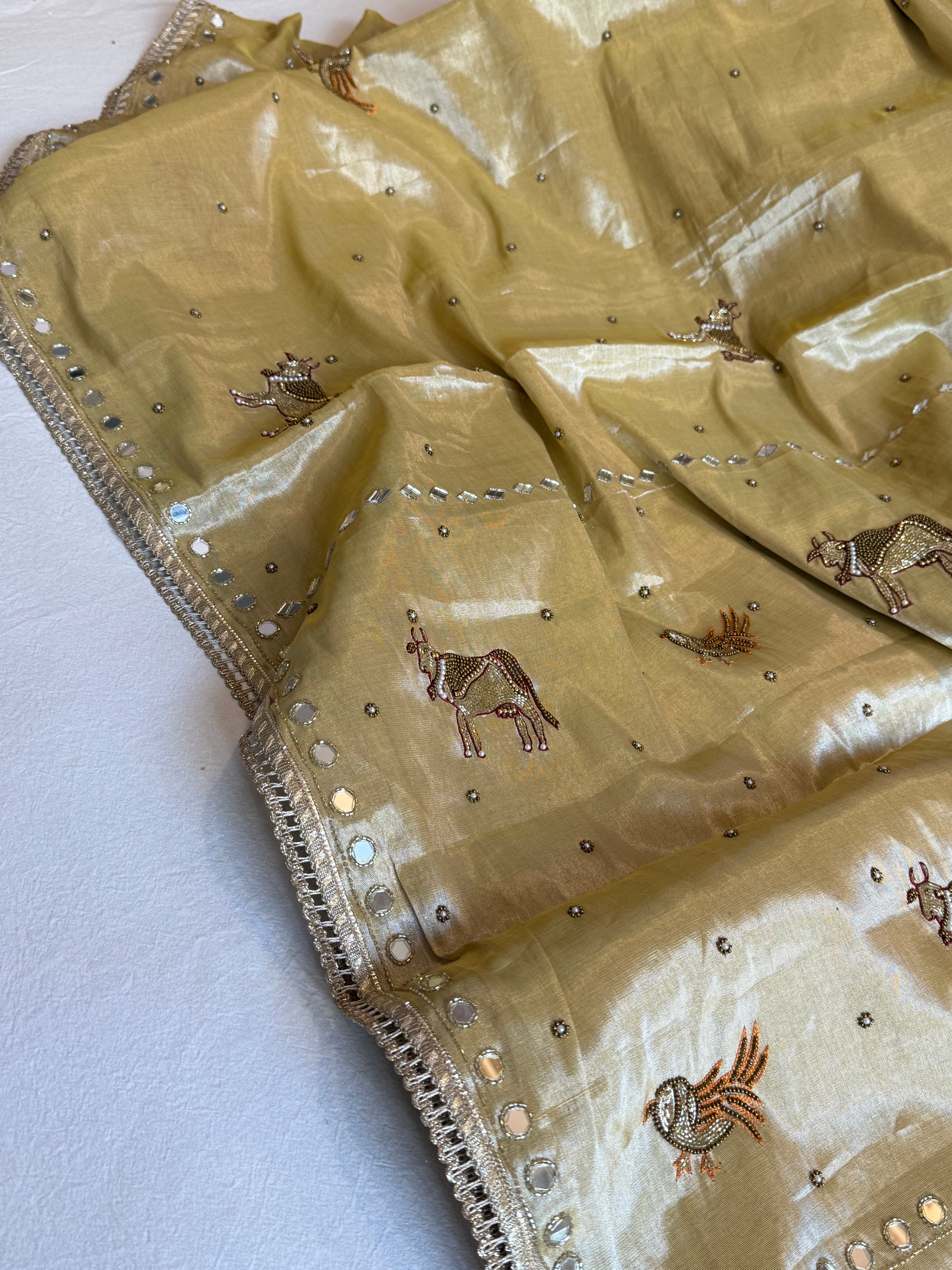 Satin tissue silk ivory gold hand embroidered kadhwa banarasi saree