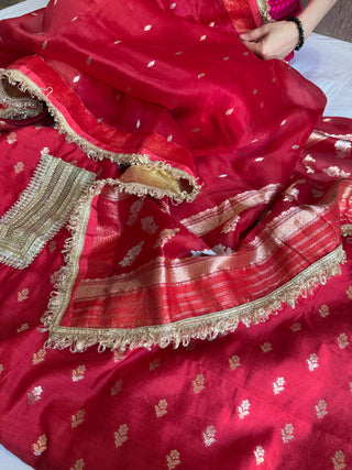 Deep red kora silk kadhwa buti gotapatti suit set