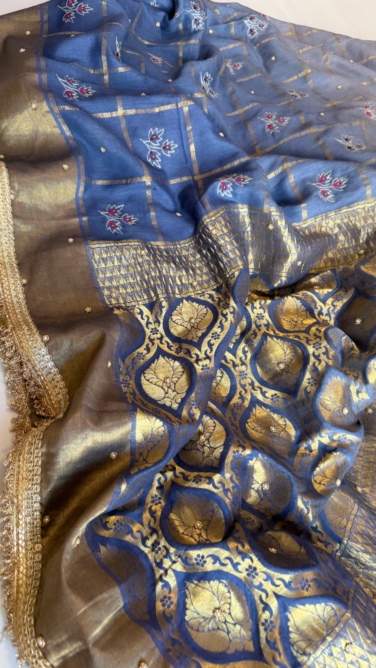 Mastani edit - Aqua blue ombre shaded moonga silk kadhwa hand embroidered saree