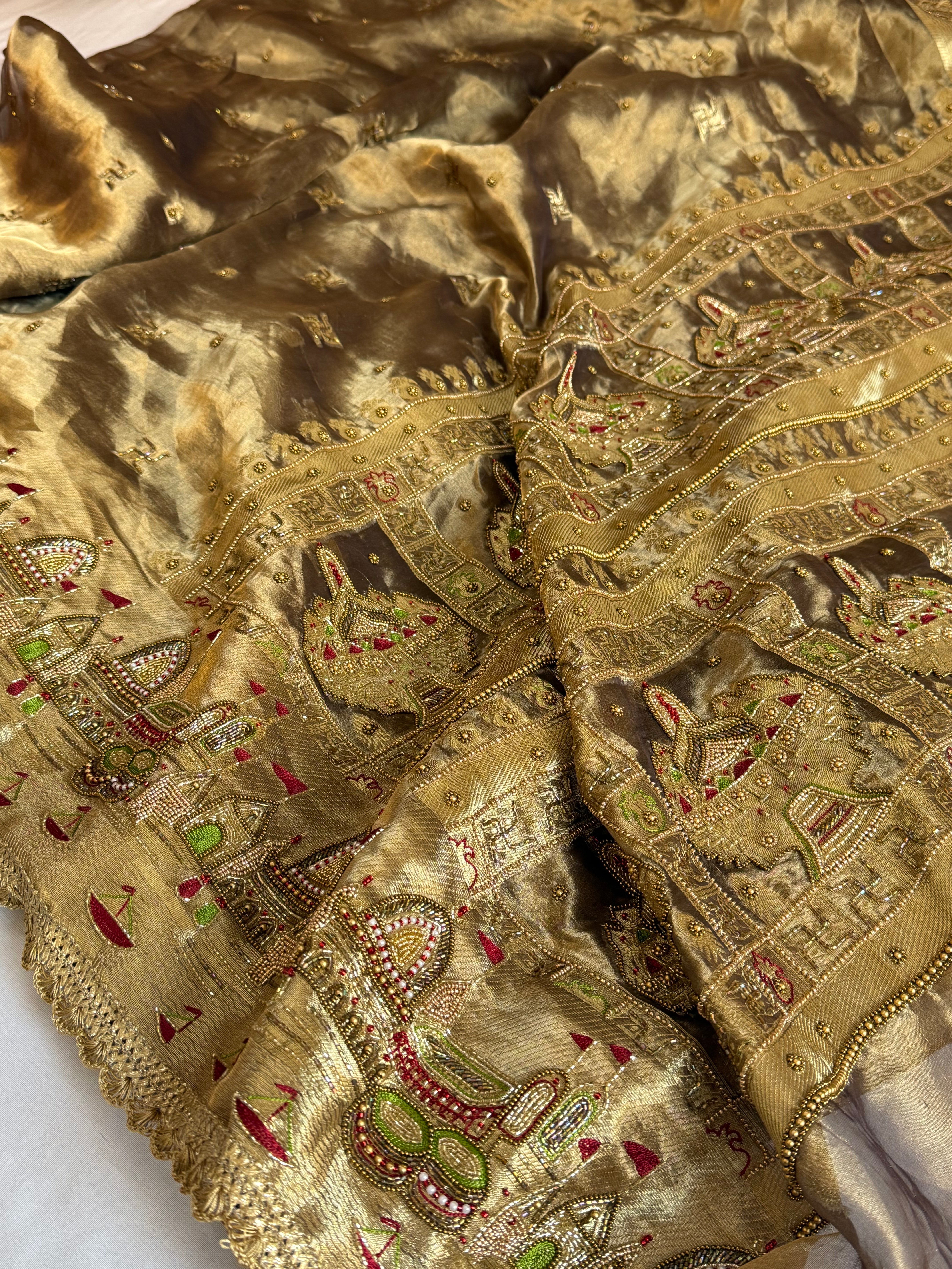 Gangaghat edit saree - Molten antique gold tissue silk meenakari hand embroidered kadhwa saree