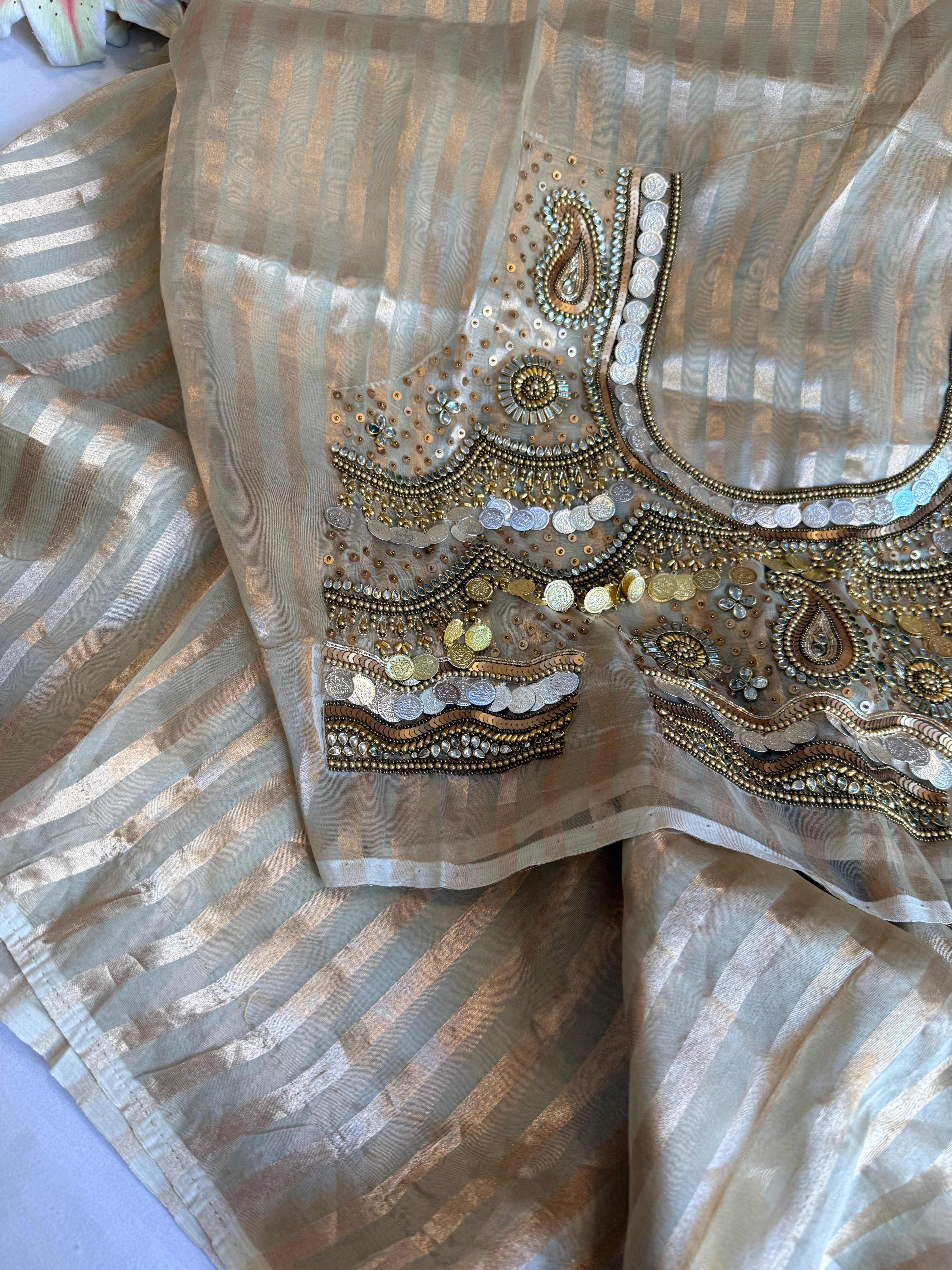 Kundan blouse edit - Ivory gold tissue silk hand embroidered striped saree with jewellery blouse