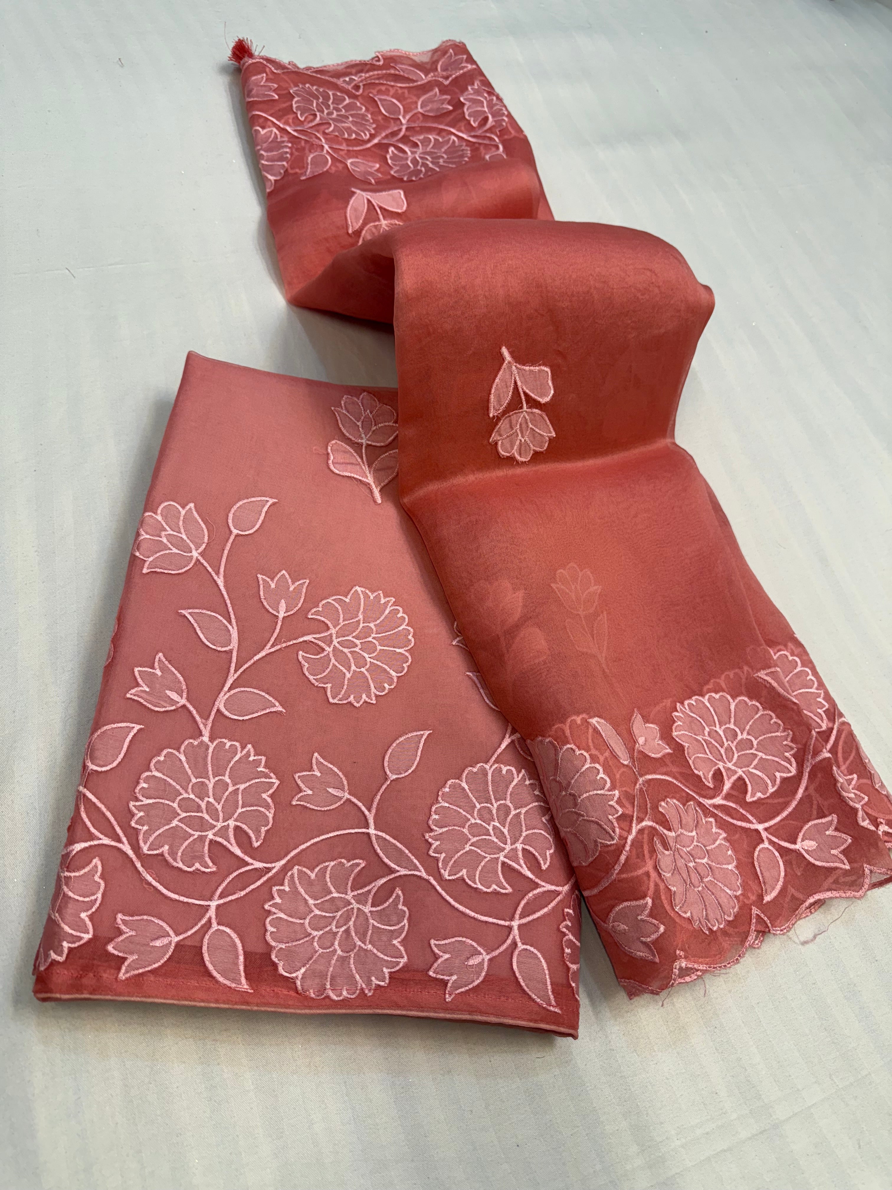 Kora silk appliqué work hand embroidered kadhwa suit set