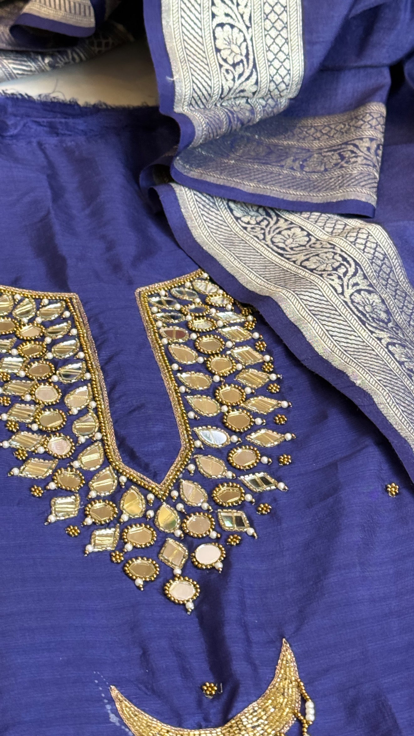 Sheesham navy blue mirror work katan silk kadhwa suit set