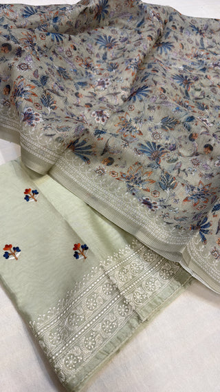 Sage green mul cotton resham hand embroidered kadhwa suit set