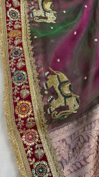 Cocktail wali sarees - Magenta pink dhup chao effect tissue silk hand embroidered saree
