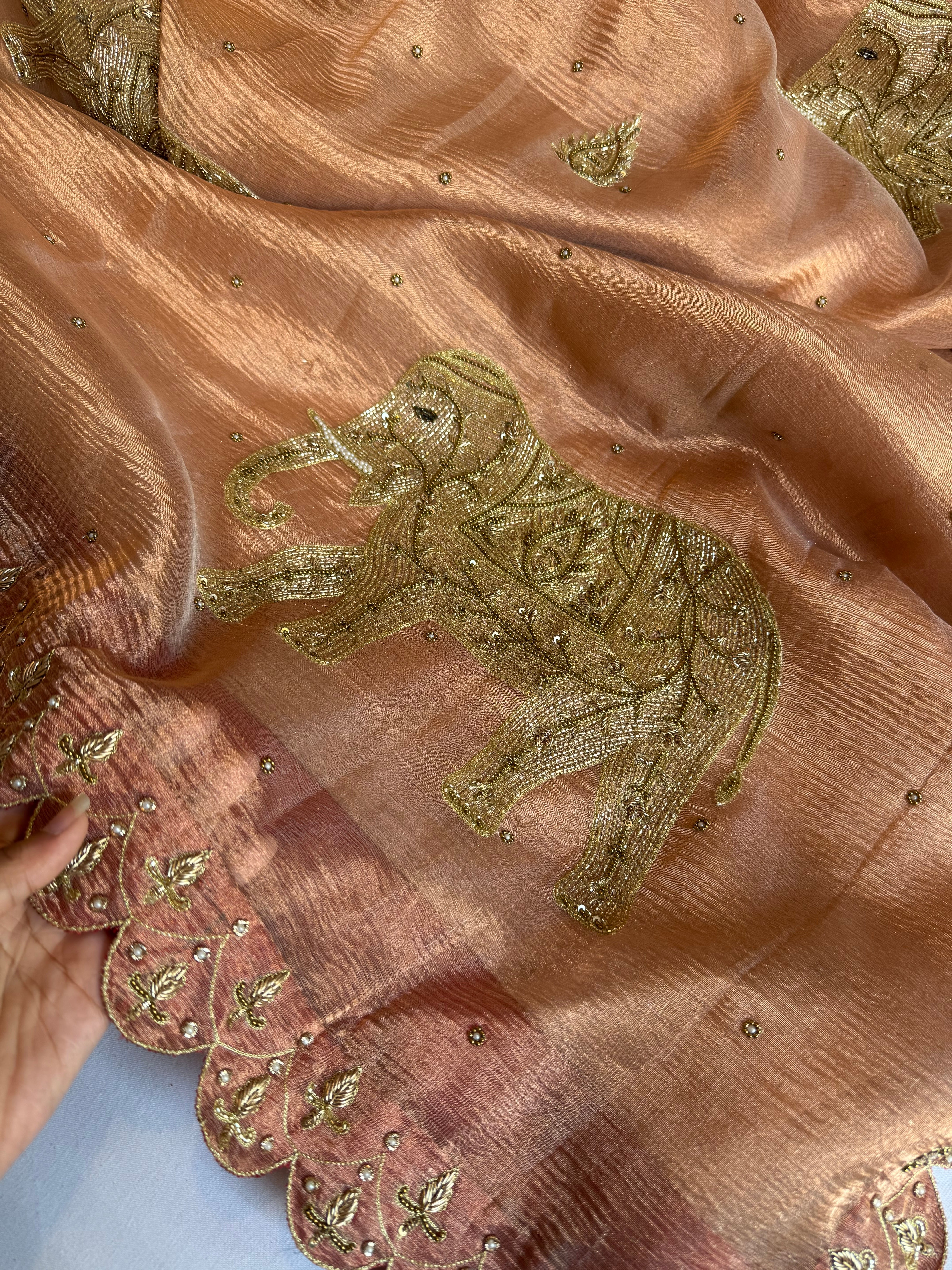 GajGamini copper crushed tissue silk elephant motif meenekari heavy hand embroidered saree