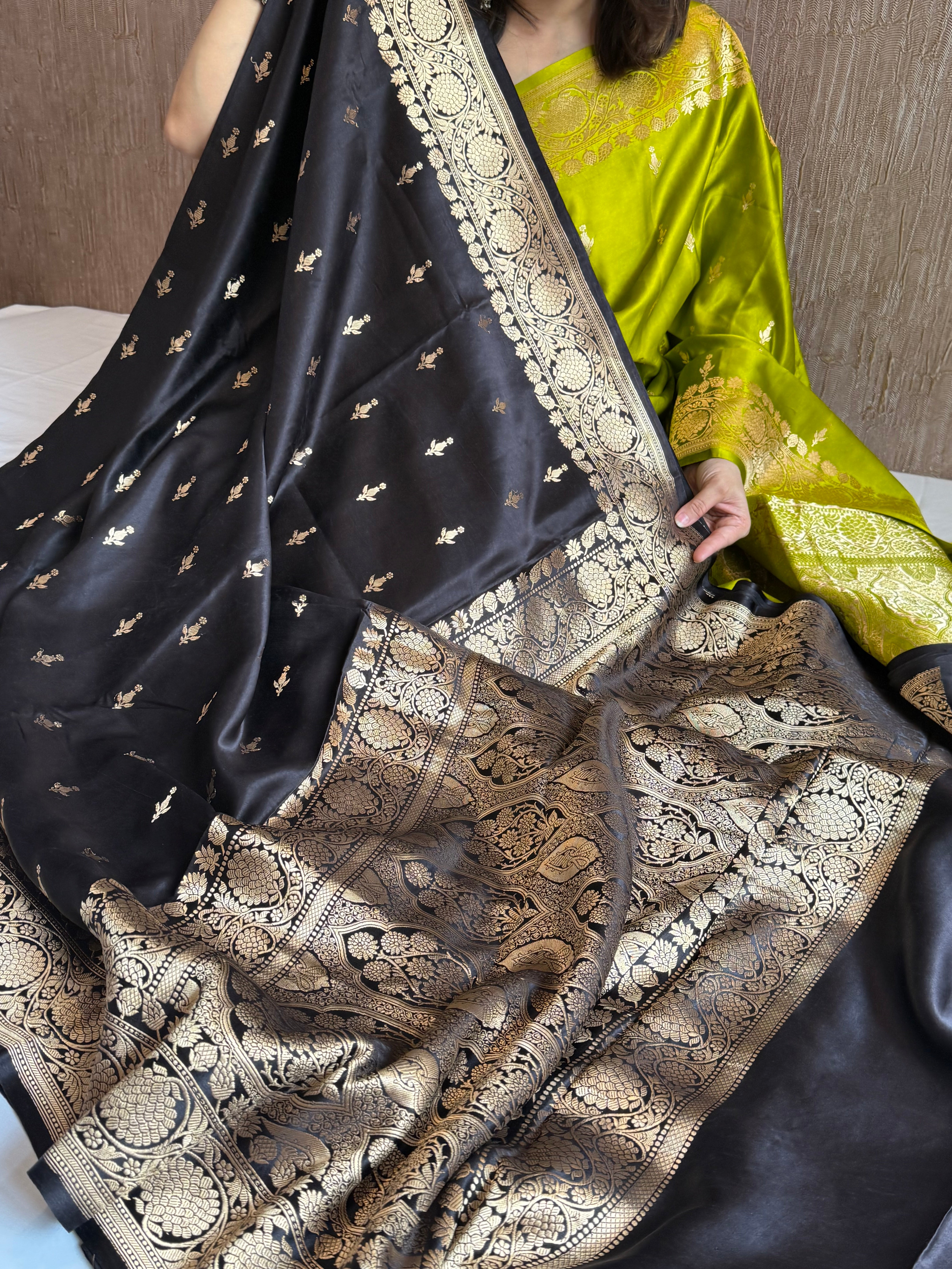 Jet black banarasi mashru silk kadhwa buti saree