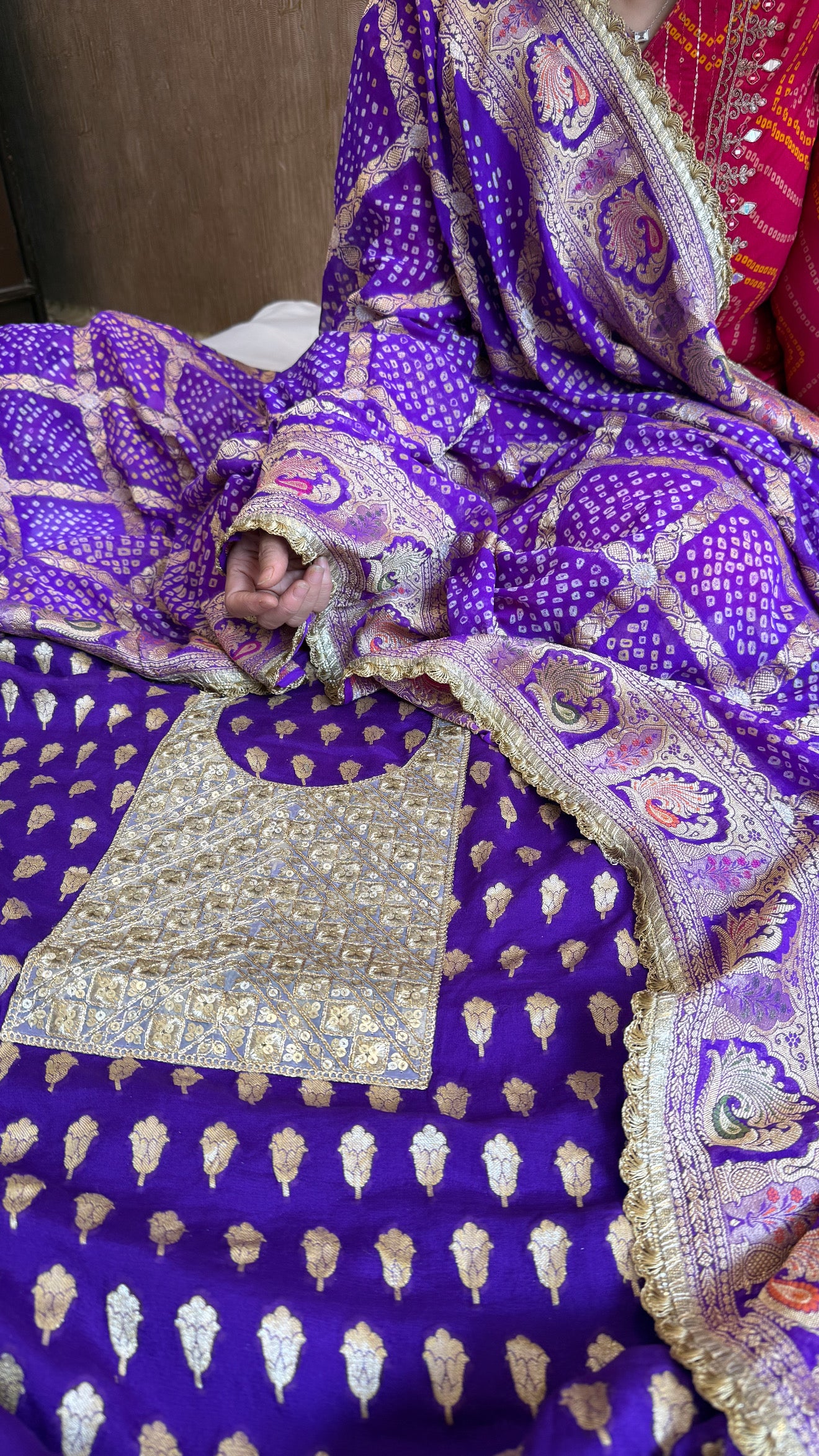 Purple rai bandhej banarasi gorgette kadhwa suit set