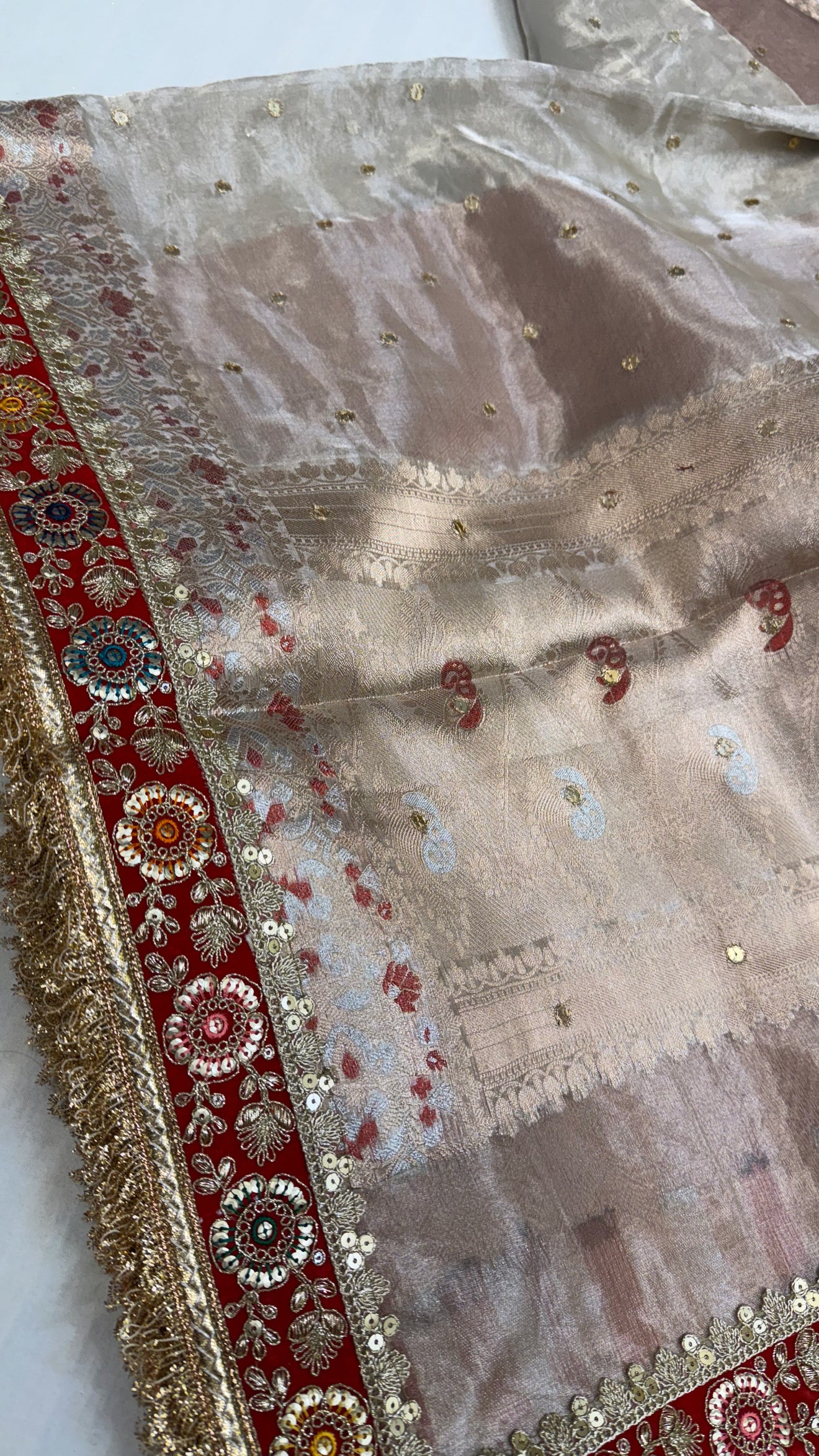 Diamond tissue silk chunri buti hand embroidered panetar saree