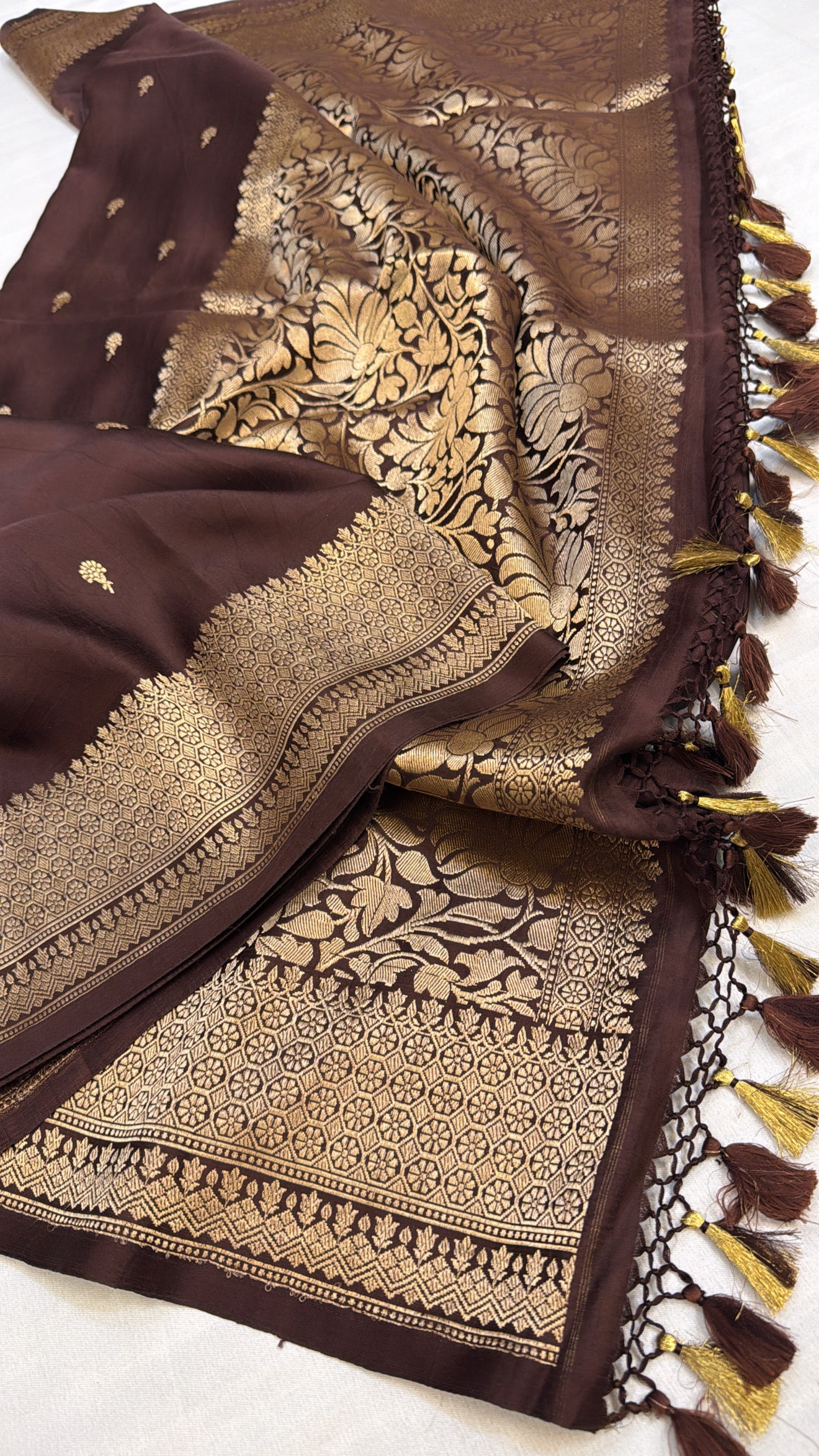 Mashru satin silk chocolate brown shade banarasi saree