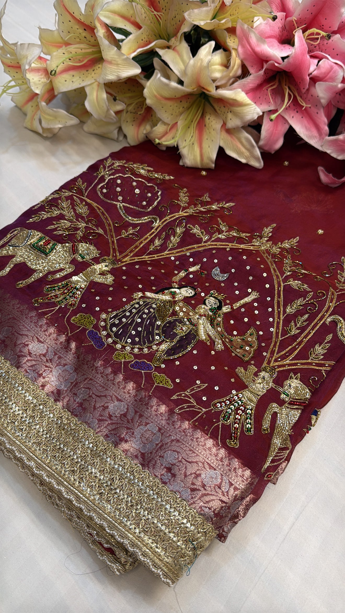 Maroonish dhup chao red tissue silk hand embroidered kadhwa rasleela saree