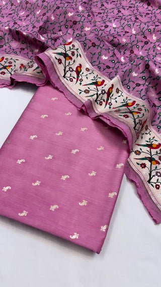 Pure banarasi soft pink moonga silk kadhwa meenedar paithani woven jaal duppata suit set