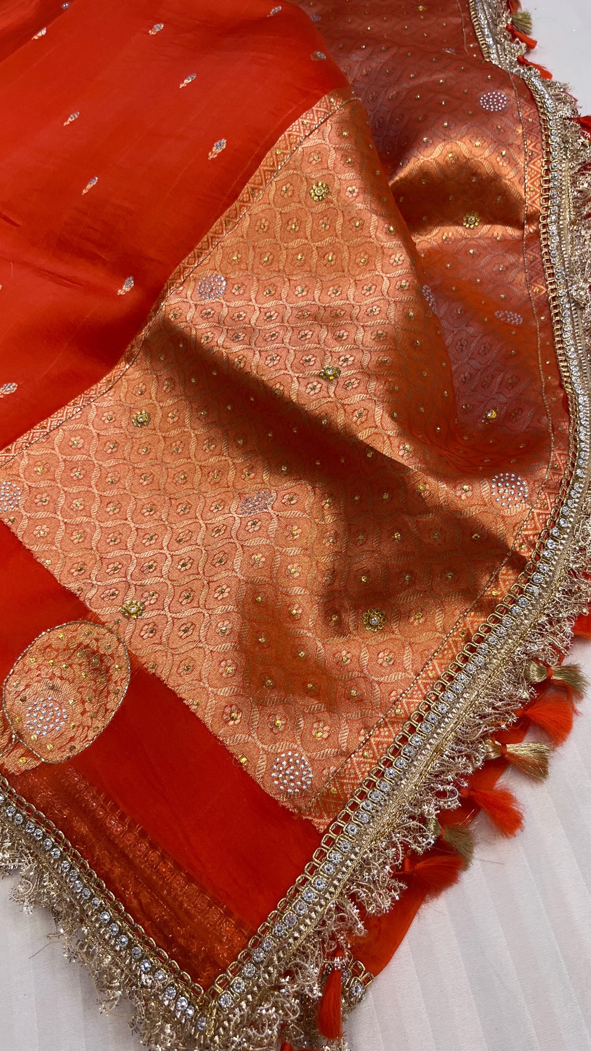 Fanta red sitara kora silk stonework saree