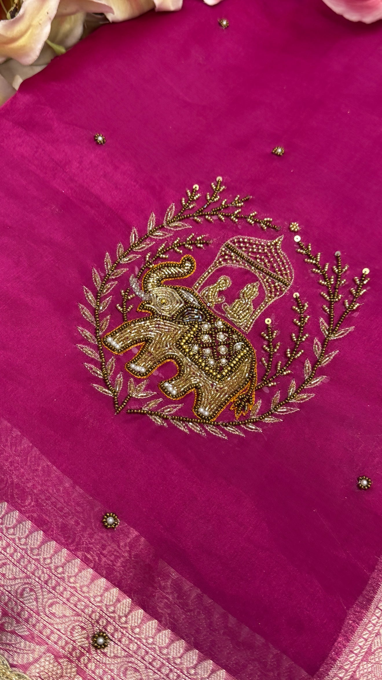 Karwachauth special - Hot pink tissue silk elephant motif hand embroidered kadhwa saree