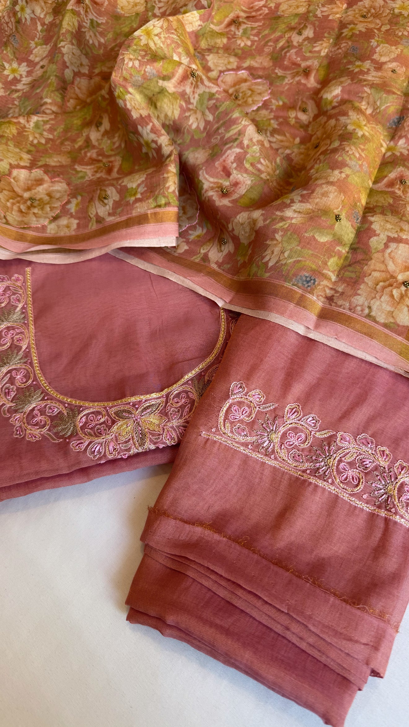 Dark peach resham hand embroidered mul cotton suit set