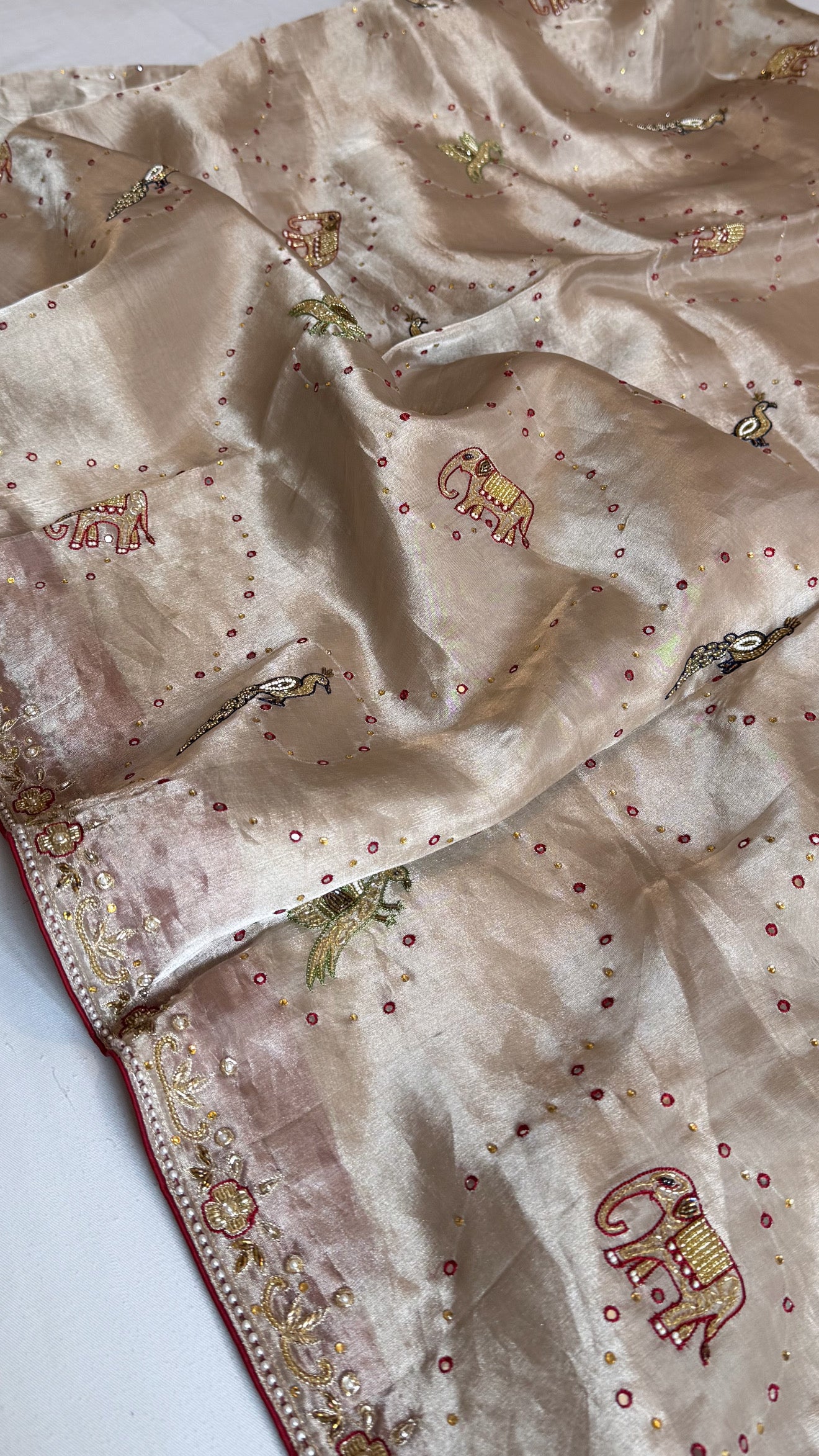Shikarbagh edit ivory gold diamond tissue silk hand embroidered kadhwa saree