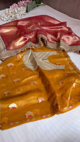 Heeramandi haldi yellow-rani pink contrast tissue silk suit set