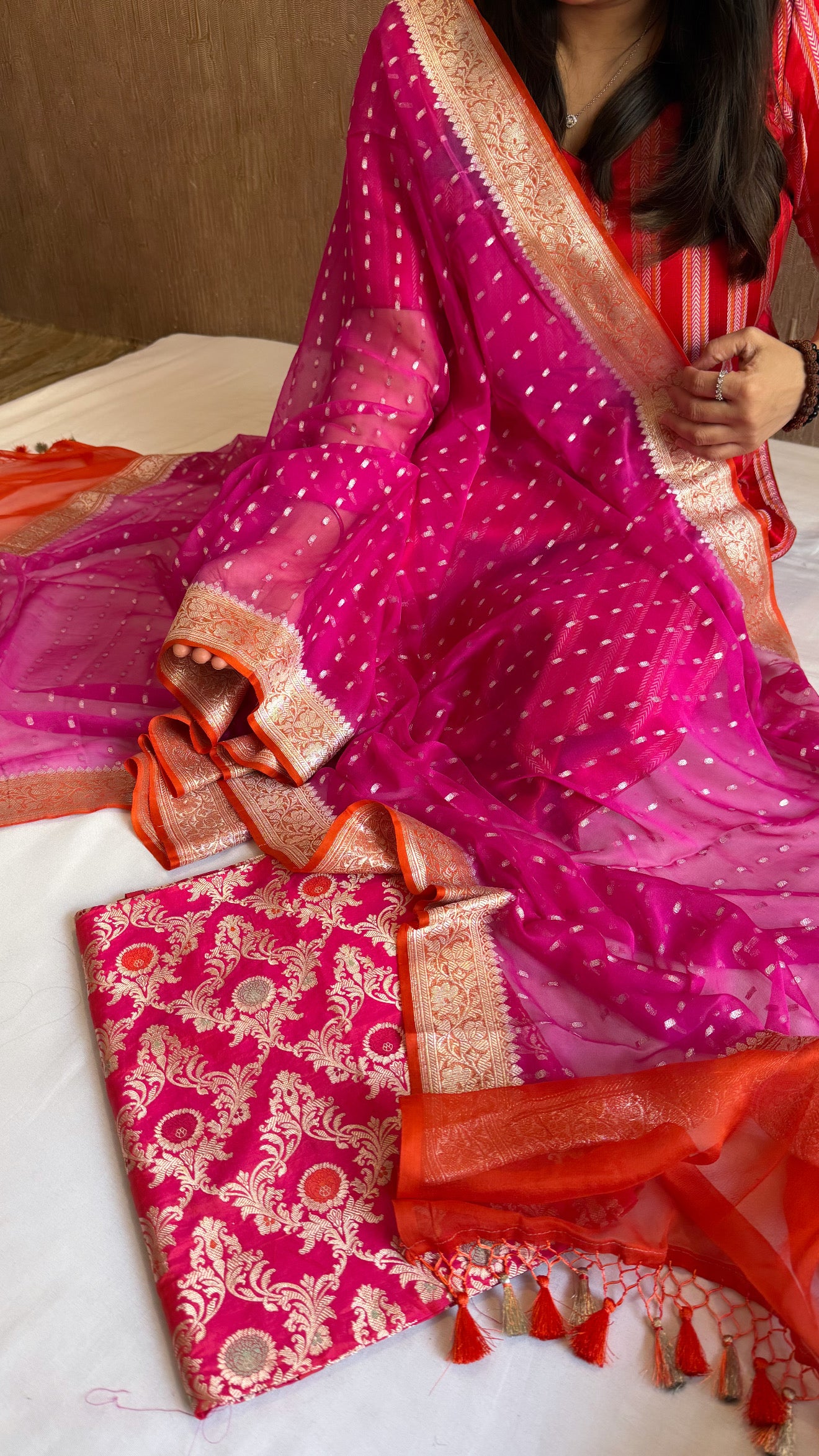 Rani pink - Fanta orange katan silk kadhwa jaal kurta paired with chiffon gorgette chap dye duppata set