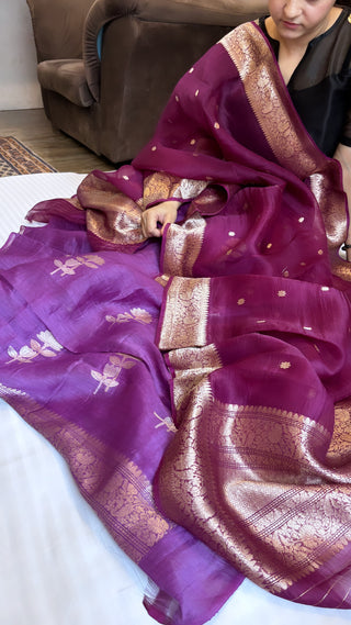 Purple linen gorgette kadhwa buti suit set with kora silk kadhwa duppata