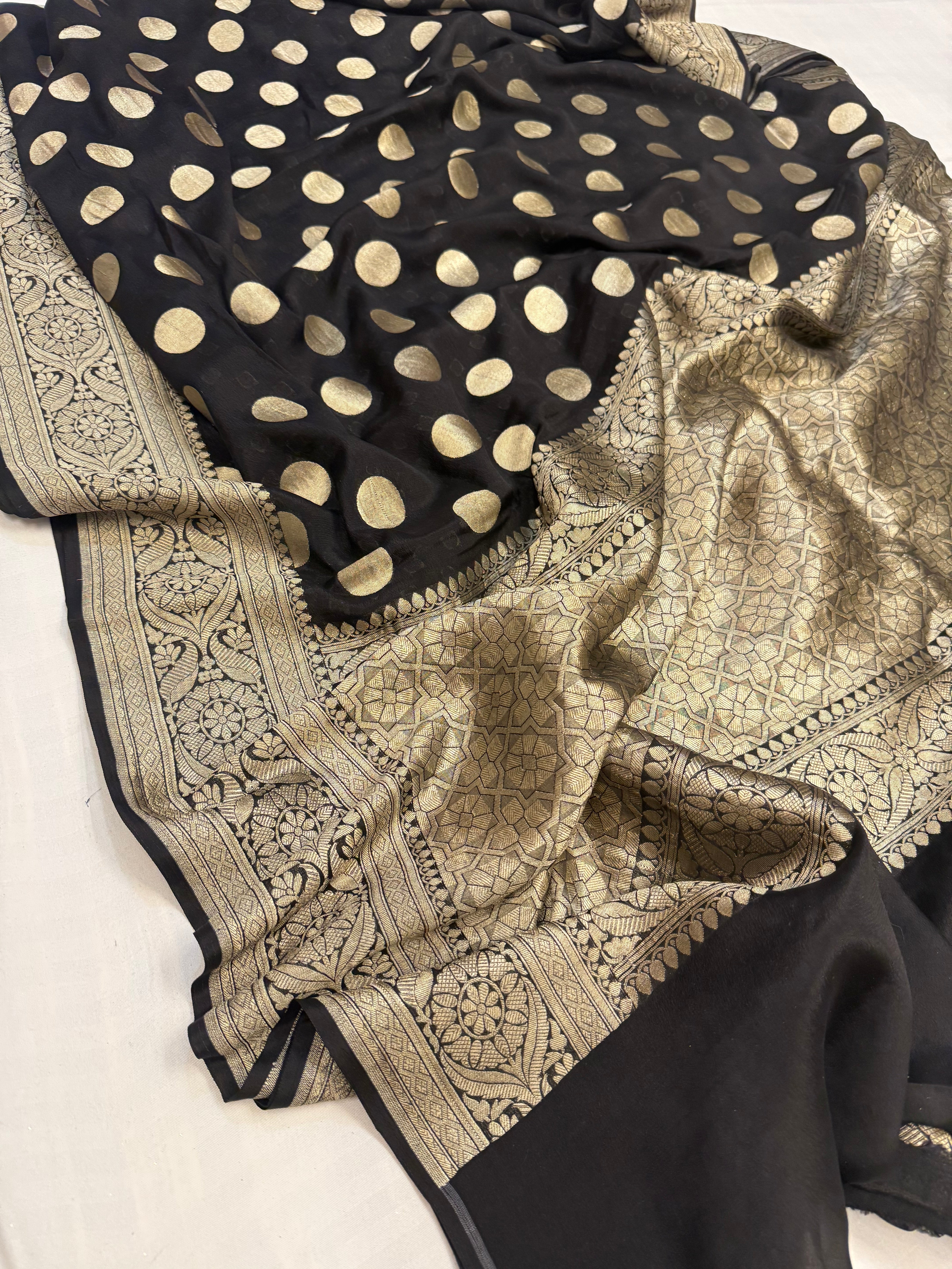 Black pure banarasi gorgette kadhwa round buti saree