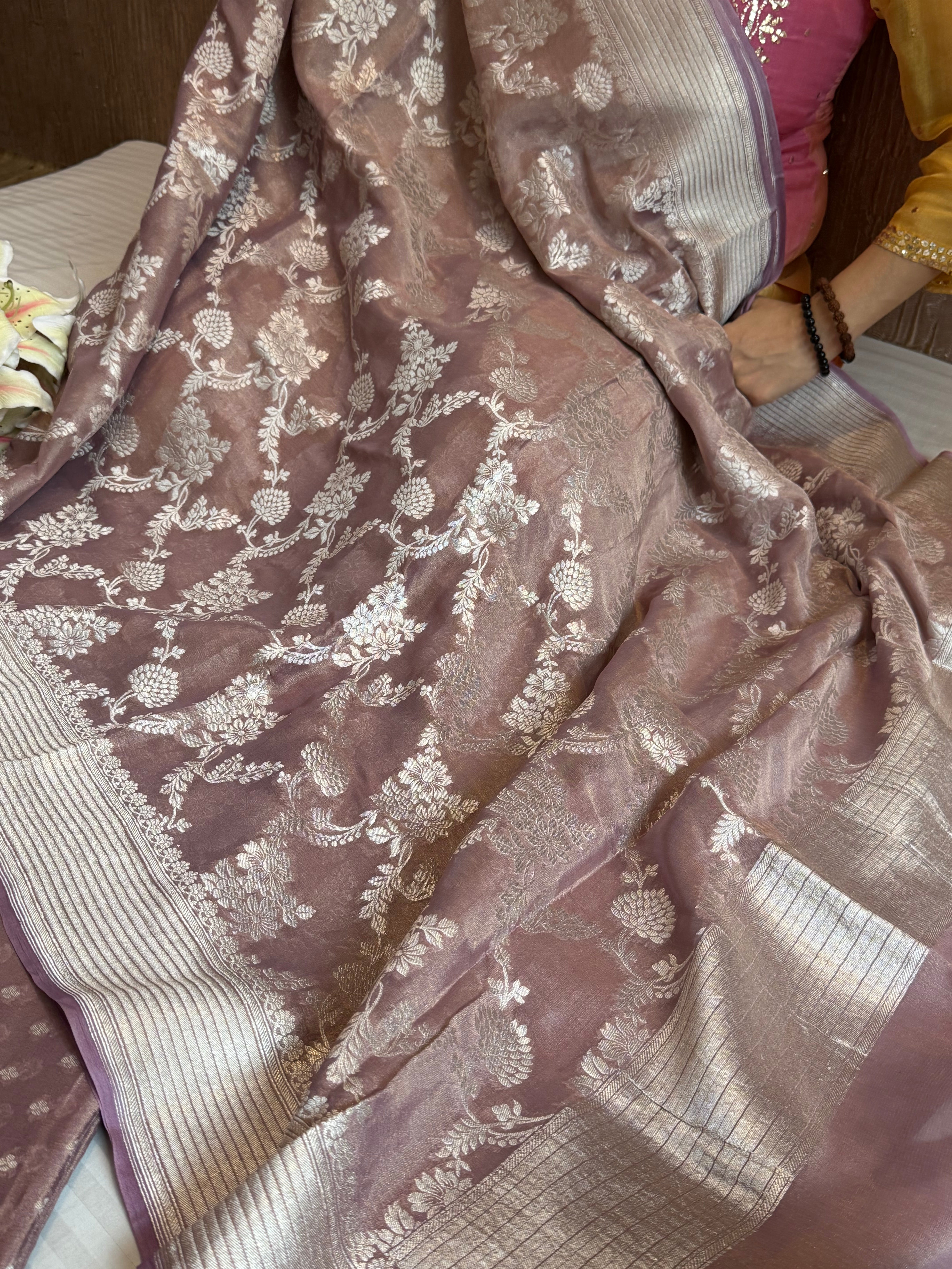 Rose peach banarasi silver zari tissue gorgette kadhwa buti suit sets