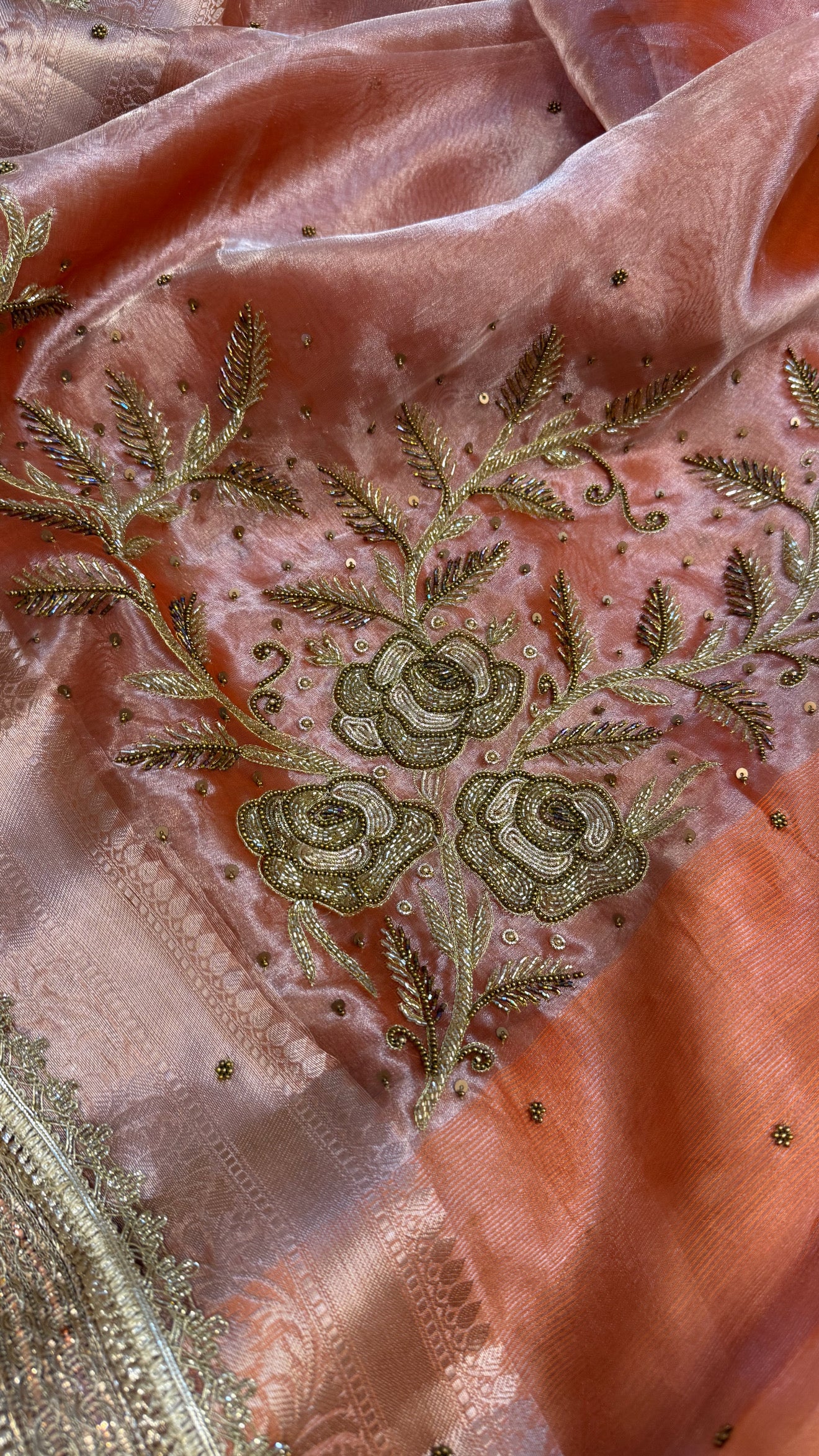 Cocktail edit sarees - Peach tissue silk heavy hand embroidered sarees