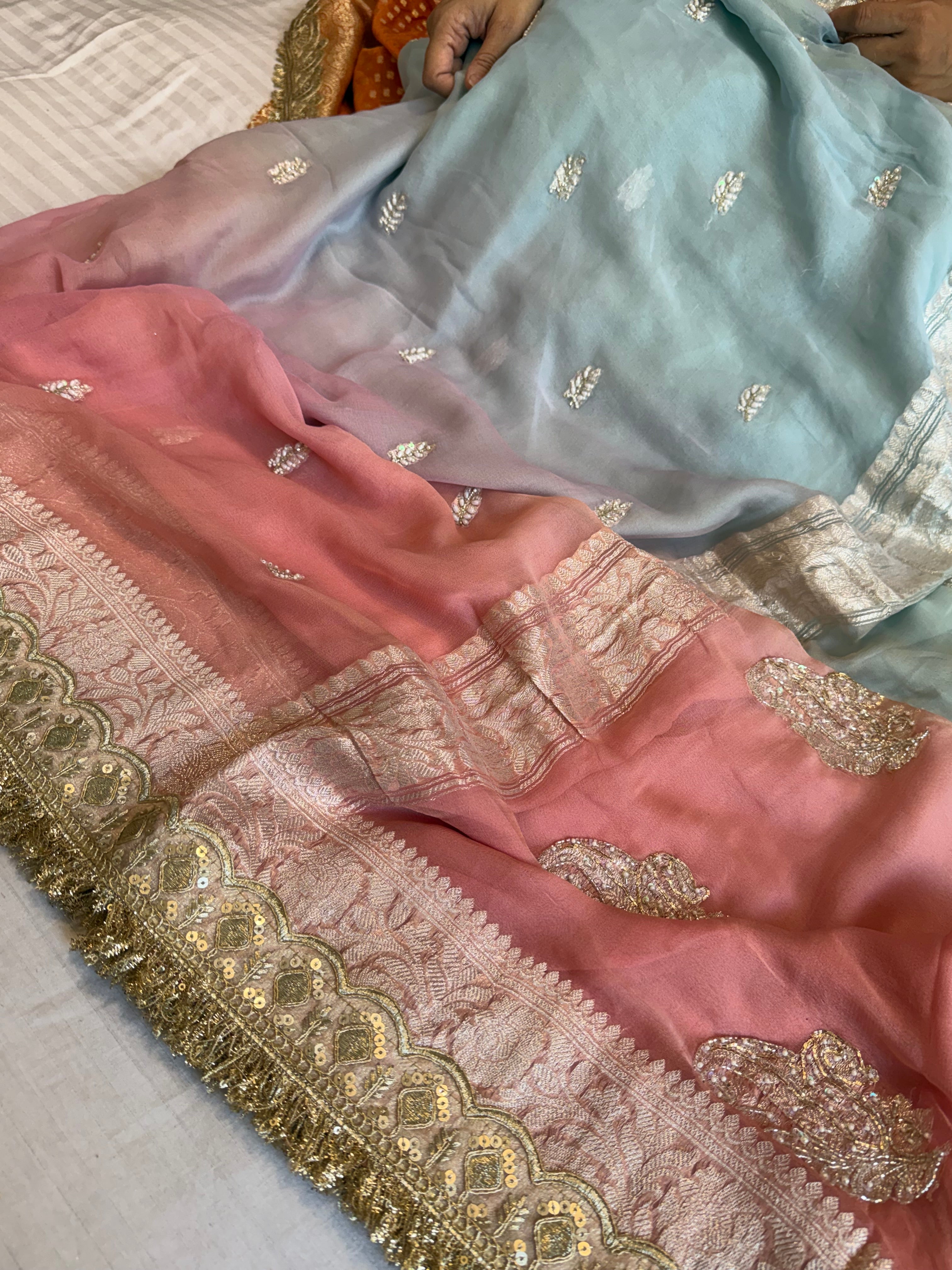 Paro banarasi chiffon gorgette hand embroidered kadhwa saree