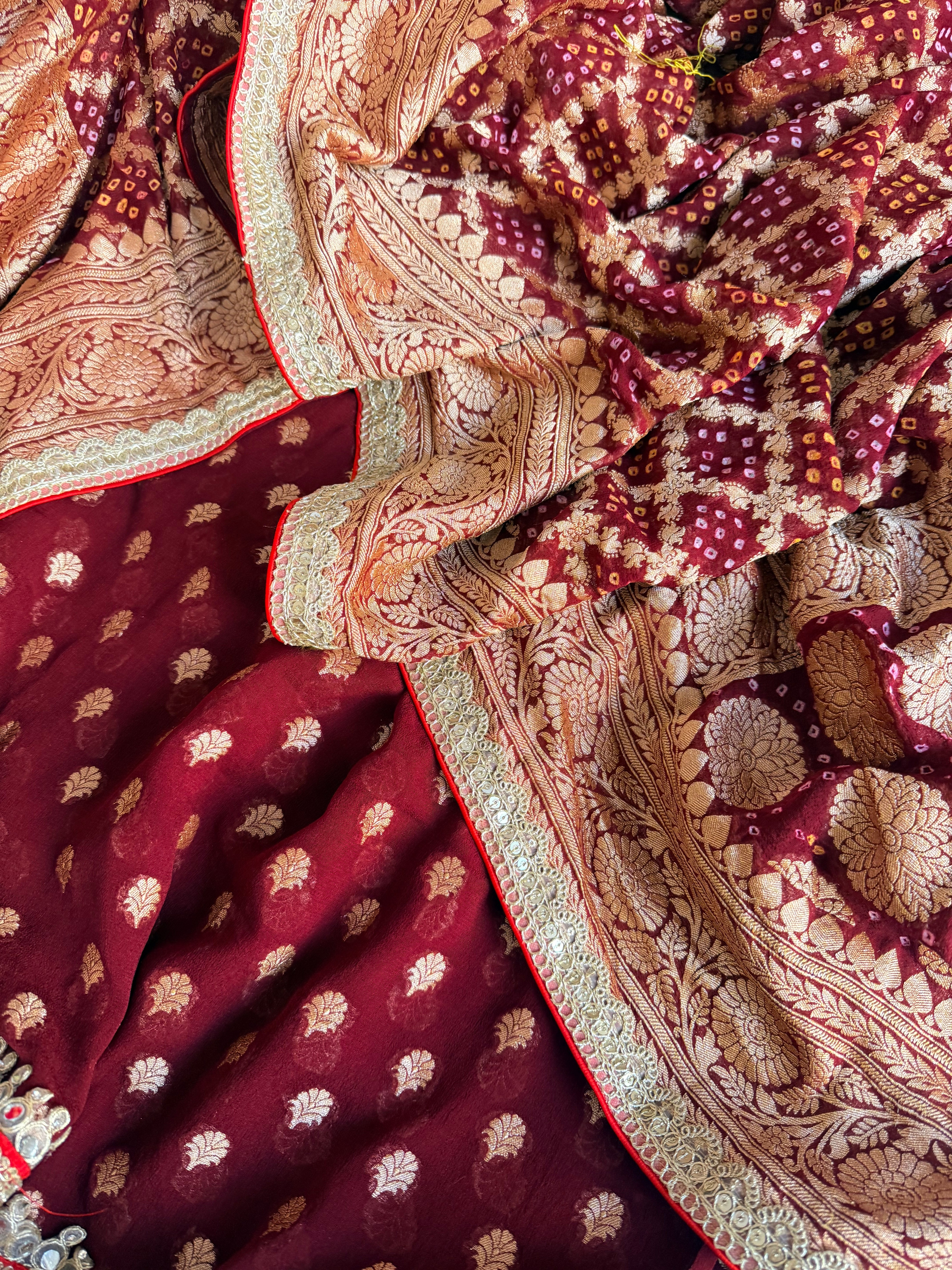 Rai bandhej maroonish red banarasi chiffon gorgette gotapatti suits